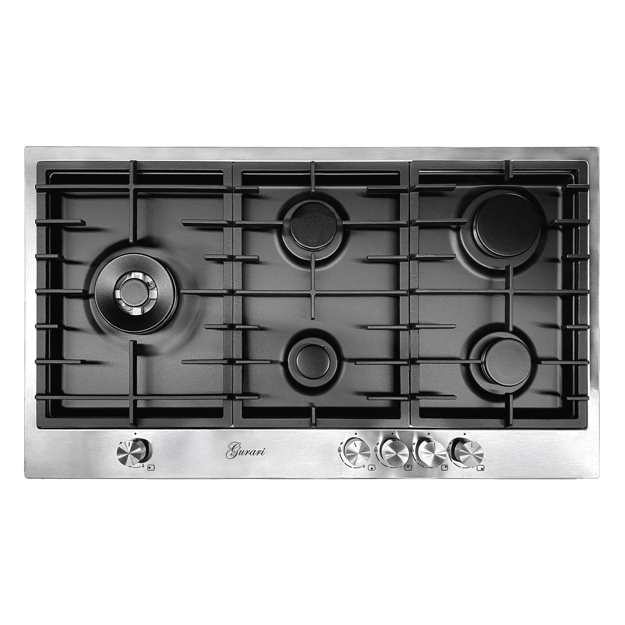 Gurari Gaskochfeld 90 cm Edelstahl/Schwarz TY905VPGC Einbau Gasherd mit 5 Flammen • WOK-Brenner 4,0 kW • Erdgas & Propan (FL.Gas) • Massive Gusseisenroste • Modernes Design • Profi-Qualität