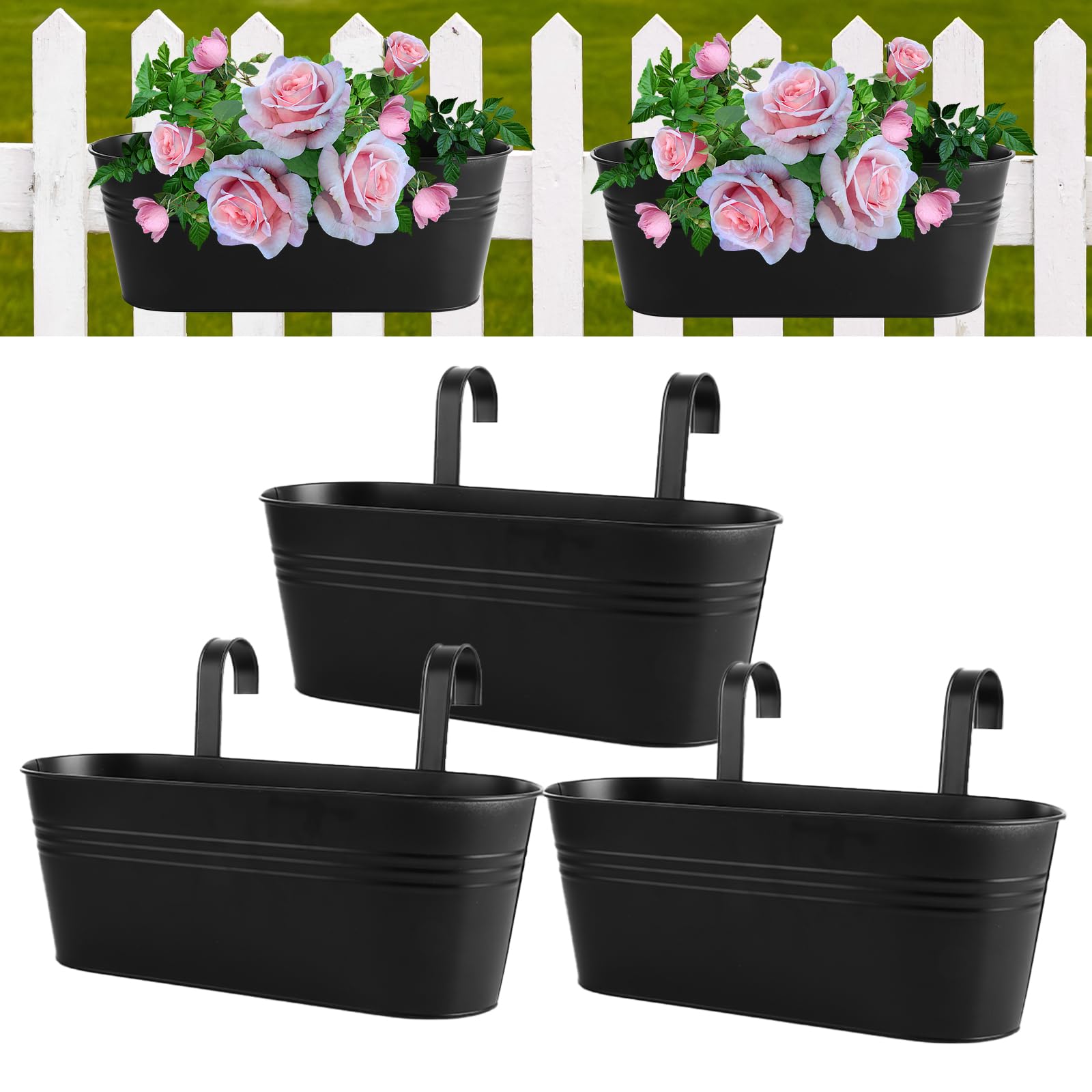 APACALI 3Pack Large Hanging Plant Pot, 40cm Over Fence Planters, Balcony Planters for Railing with Detachable Hooks, Hanging Flower Pots Fence Planters for Home Decor, Black, 4 Drainage Holes
