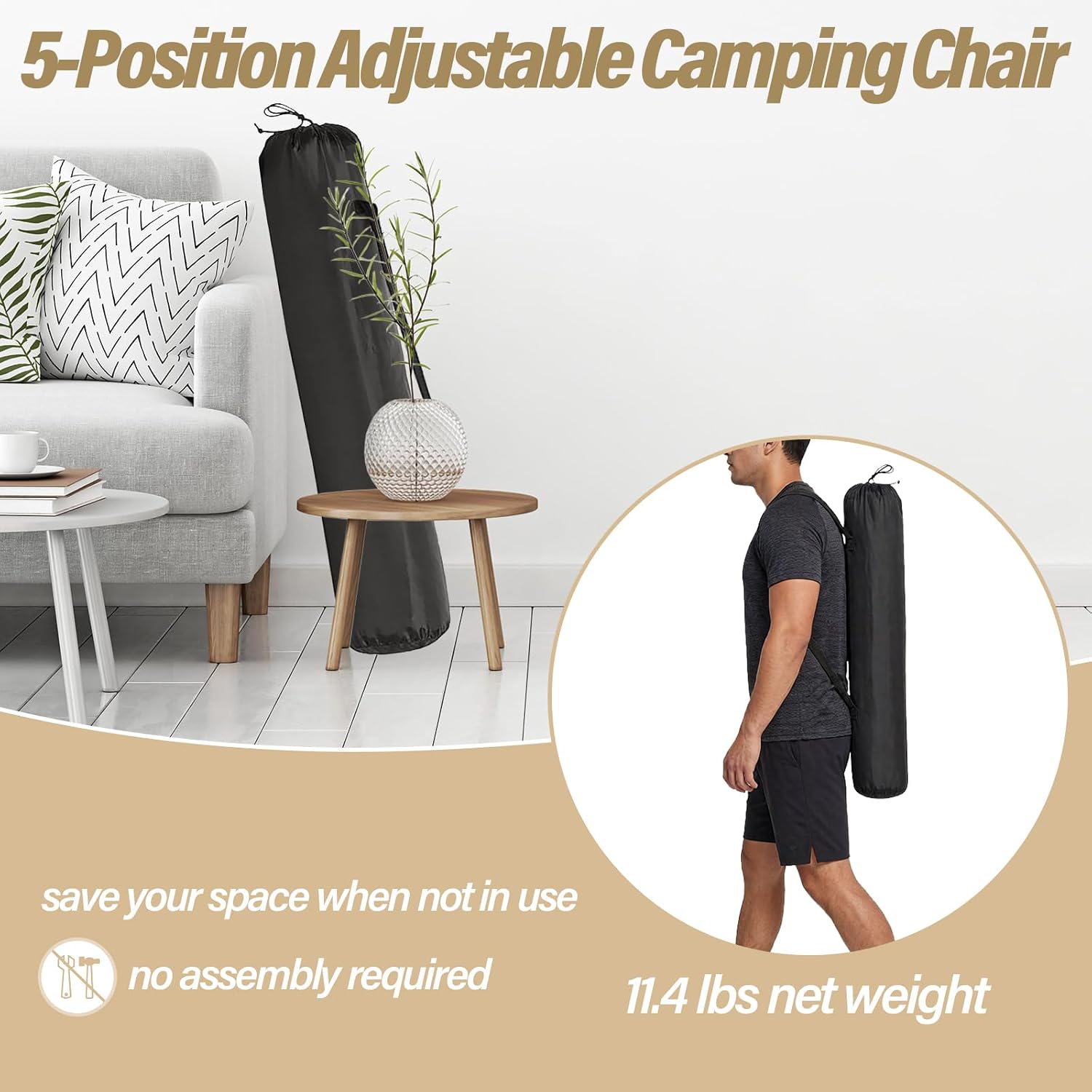 Reclining Camping Chair with Foot Rest,5-Position Adjustable Camping Lounge Chair,Folding Beach Chair with Carry Bag,Supports 330 lbs