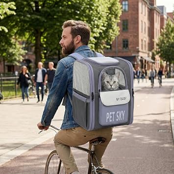 Cat Carrier Backpack, Breathable Pet Backpack for Cat & Small Dog 7 Kg, Foldable Cat Rucksack with Front Zipper Storage & Inner Safety Lead