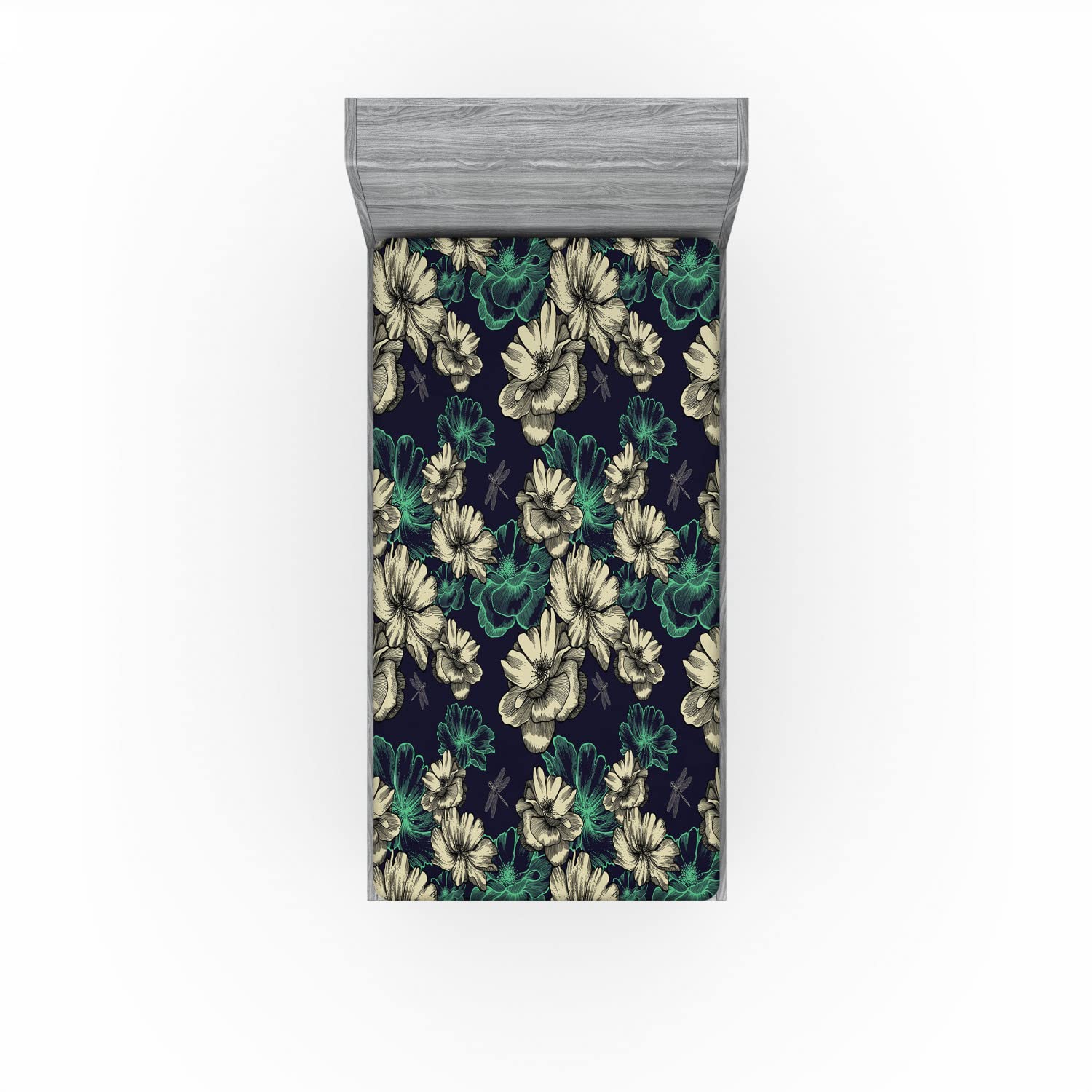 Ambesonne Vintage 2 Pack Fitted Sheet, Blossoms Dragonflies, Bed Cover All-Round Elastic Deep Pockets 2 Pieces, Package Contains 2 Twin Size Fitted Sheets, Mint Green