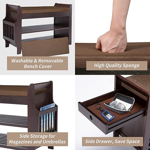 Miniatura 39 de Banco de zapatos de bambú con 3 ganchos laterales, cojín gris extraíble, almacenamiento de zapatos de entrada de 2 niveles, 37.4 x 11.4 x 19.3