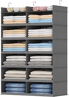 Lifewit Dual-Row Shelf Hanging Closet Organizer and Storage, Clothes Shelves with 3 Sturdy Hooks for Clothing Organization, Foldable Container Hold Up to 36 Sweaters, 6 Tier 12 Sections, Gray