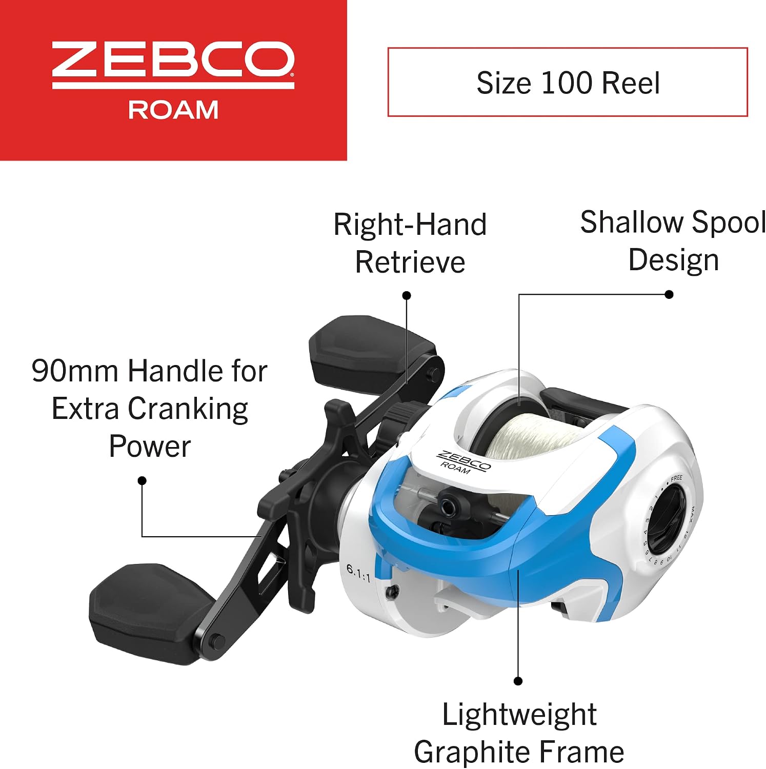 Zebco Roam Baitcast Fishing Reel, Size 100 Reel, Right-Hand Retrieve, Oversized Handle Knobs, Zero Friction Spool Design, Lightweight Graphite Frame, Blue
