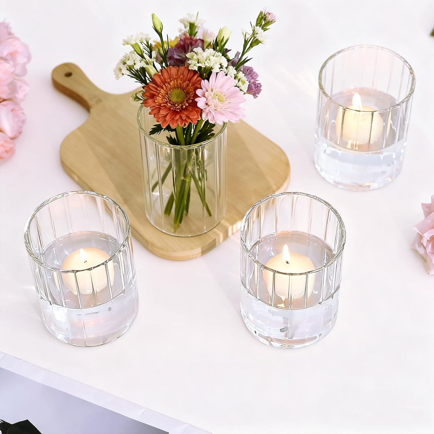 4 Inch Tall Ribbed Clear Glass Vase, Vases for Centerpieces Set of 12, Hurricane Floating Candle Holders for Living Room, Dining Table, Entryway, Bookshelf, Wedding, Office