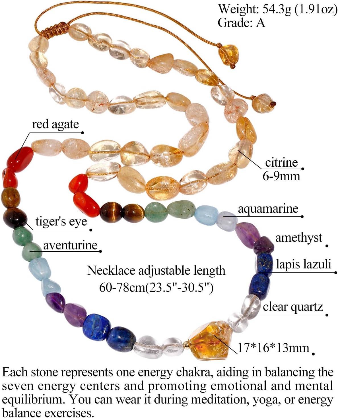 Citrine Long Necklaces for Women 7 Chakra Beaded Necklace Tumbled Stones Healing Crystals Spiritual November Birthstone Jewelry Reiki Energy Balance Gifts Adjustable (24"-30")