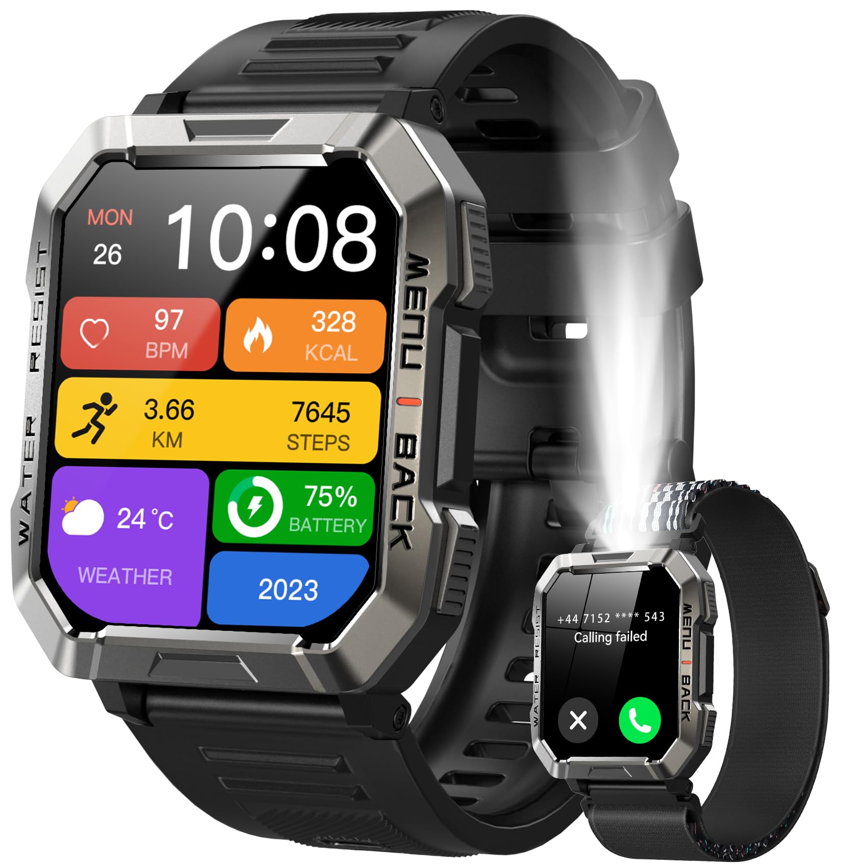 Military Smart Watch for Men (Answer/Make Calls), 2.01'' Smart Watch for Android and iPhone, Fitness Tracker with Flashlight/Compass/100 Days Battery/Heart Rate/Sleep/100+ Sport Modes(2 Straps)