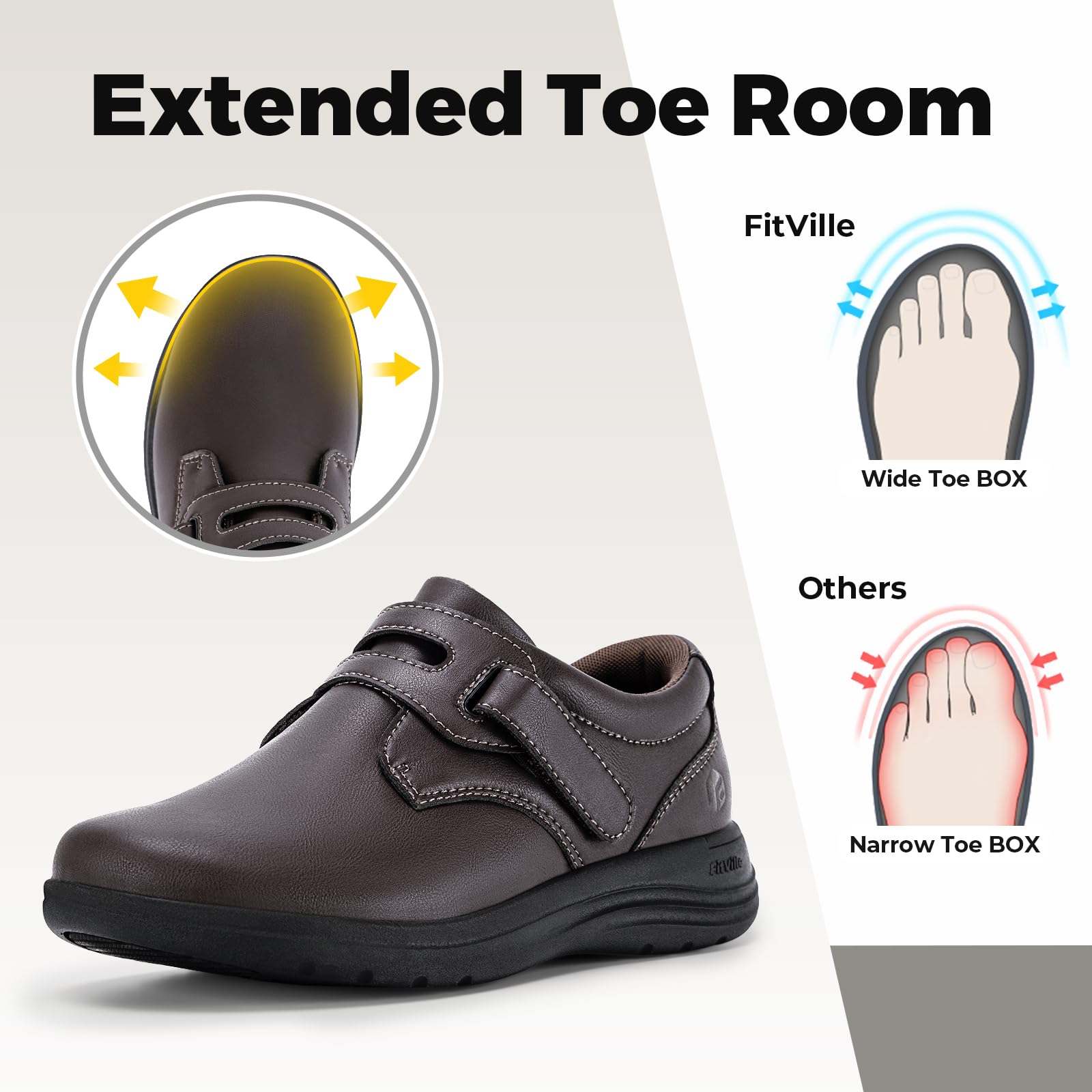 FitVille Buty dla diabetyków Damskie Bardzo szerokie skórzane mokasyny Kapcie ortopedyczne z regulowanymi rzepami Wygodne eleganckie buty do chodzenia dla opuchniętych stóp