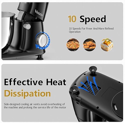 Miniatura 3 de Vezzio Batidora de pie, 6 cuartos de galón, cabezal inclinable de 10 velocidades, batidora de alimentos de cocina con cuenco de acero inoxidable,