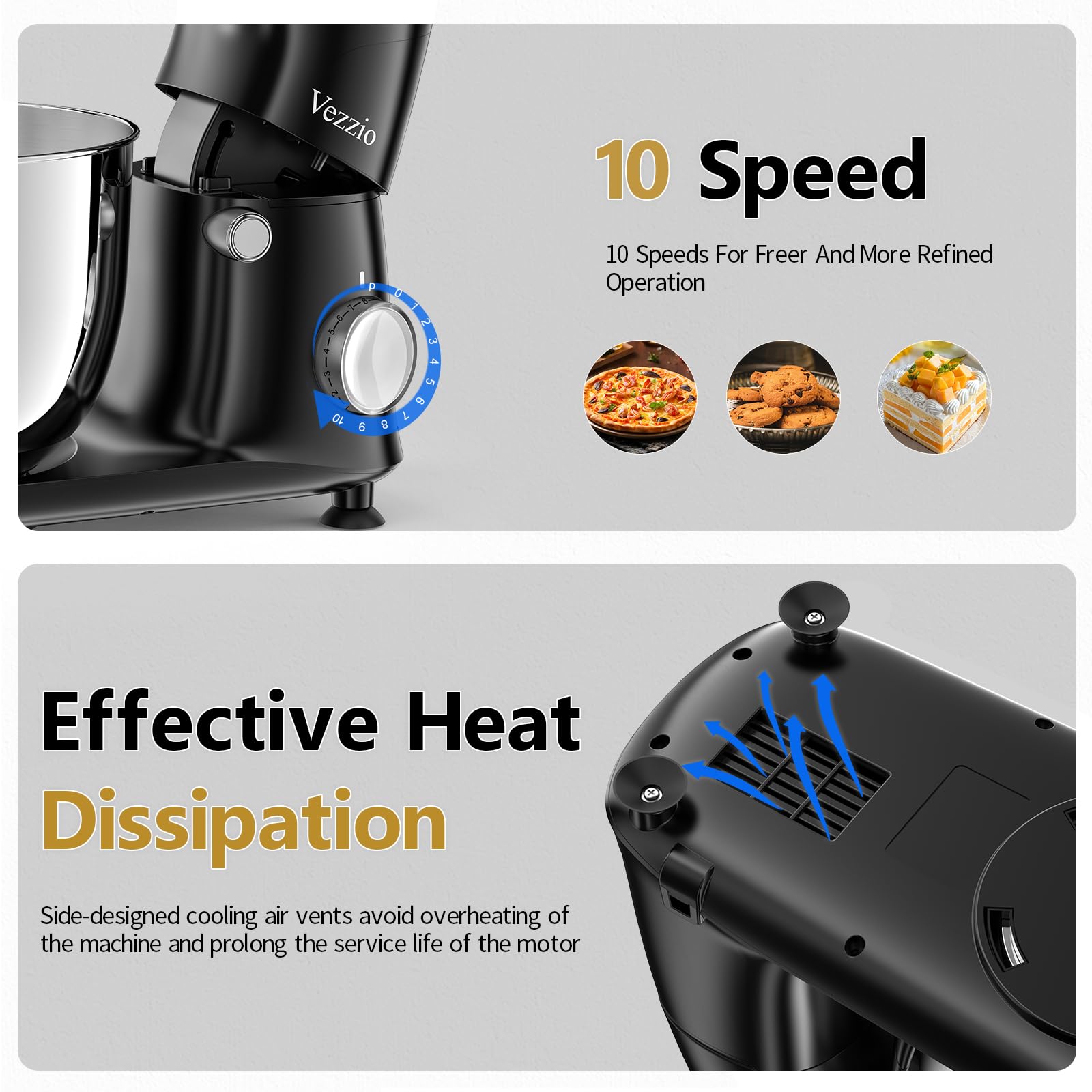 Vezzio Impastatrice Planetaria, 1500W Robot da Cucina Multifunzione, 5.5L 10 Velocità Impastatrice Professionale con Frusta, Gancio per Impastare, Frusta per Dolci, Ciotola di Acciaio Inossidabile