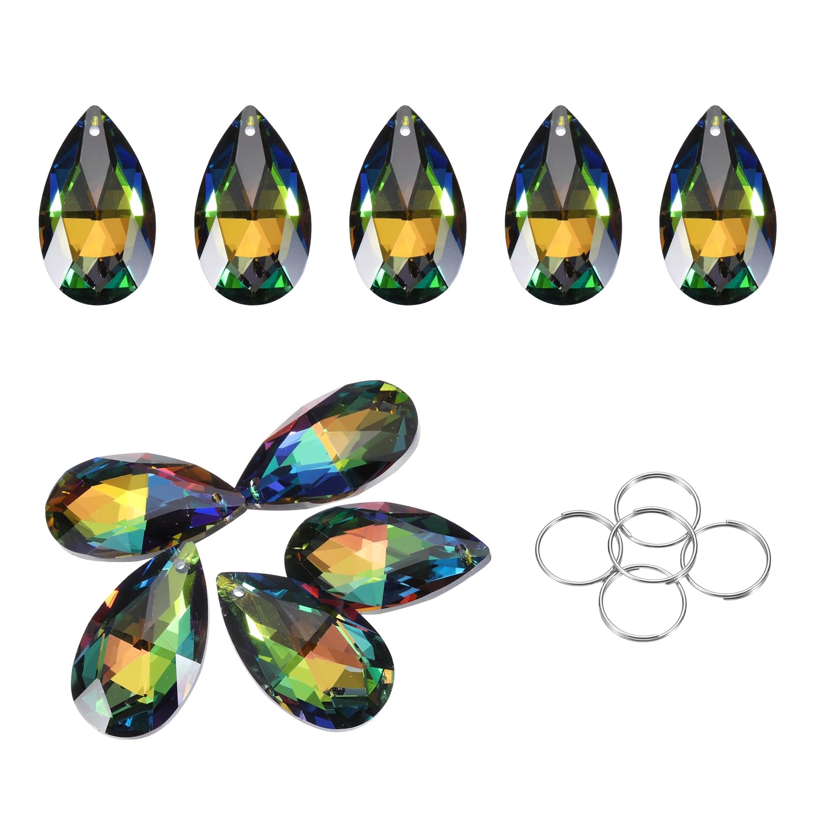 sourcing map 5Pcs Teardrop Crystal Beads, 38mm K9 Glass Hanging Chandelier Bead Prisms Part with 304 Stainless Steel Ring for Crystal Chandelier Lamp Pendant Jewelry, Multicolor