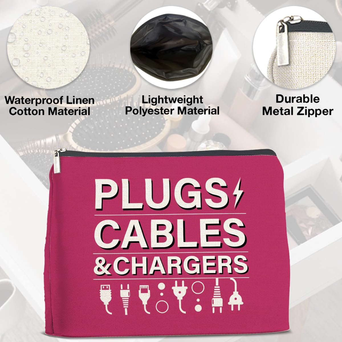 Pink Charger Storage Makeup Bag Gifts for Women Cosmetic Bag Zipper Pouch for Travel Vacation Business - Image 3