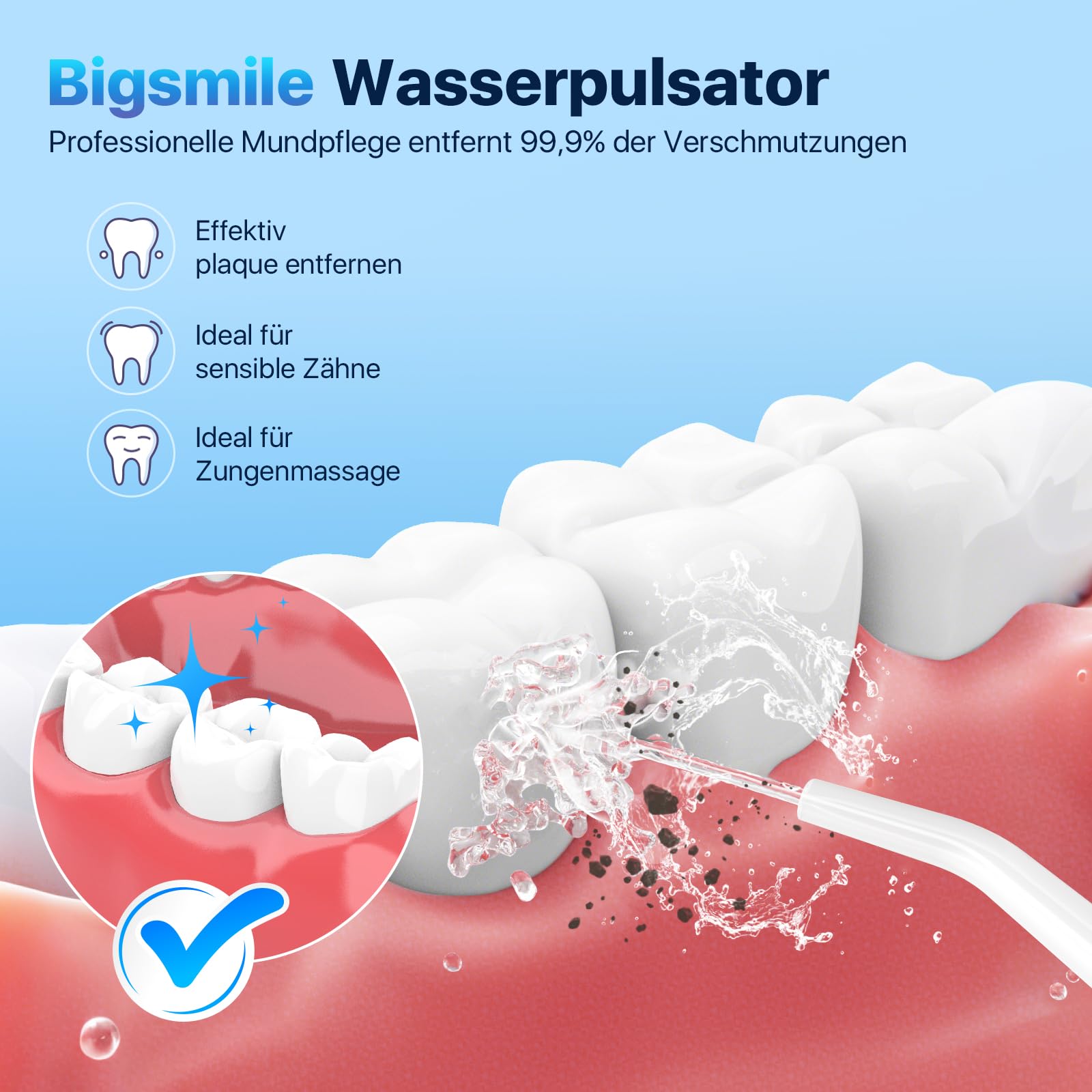 Bigsmile Wasserzahnseide, Zahnbürste Mundspülger mit 200 ml Fassungsvermögen, wiederaufladbar, Reisemundspülger, IPX7 wasserdicht, Effektiv den Mund sauber und gesund halten (weiß)