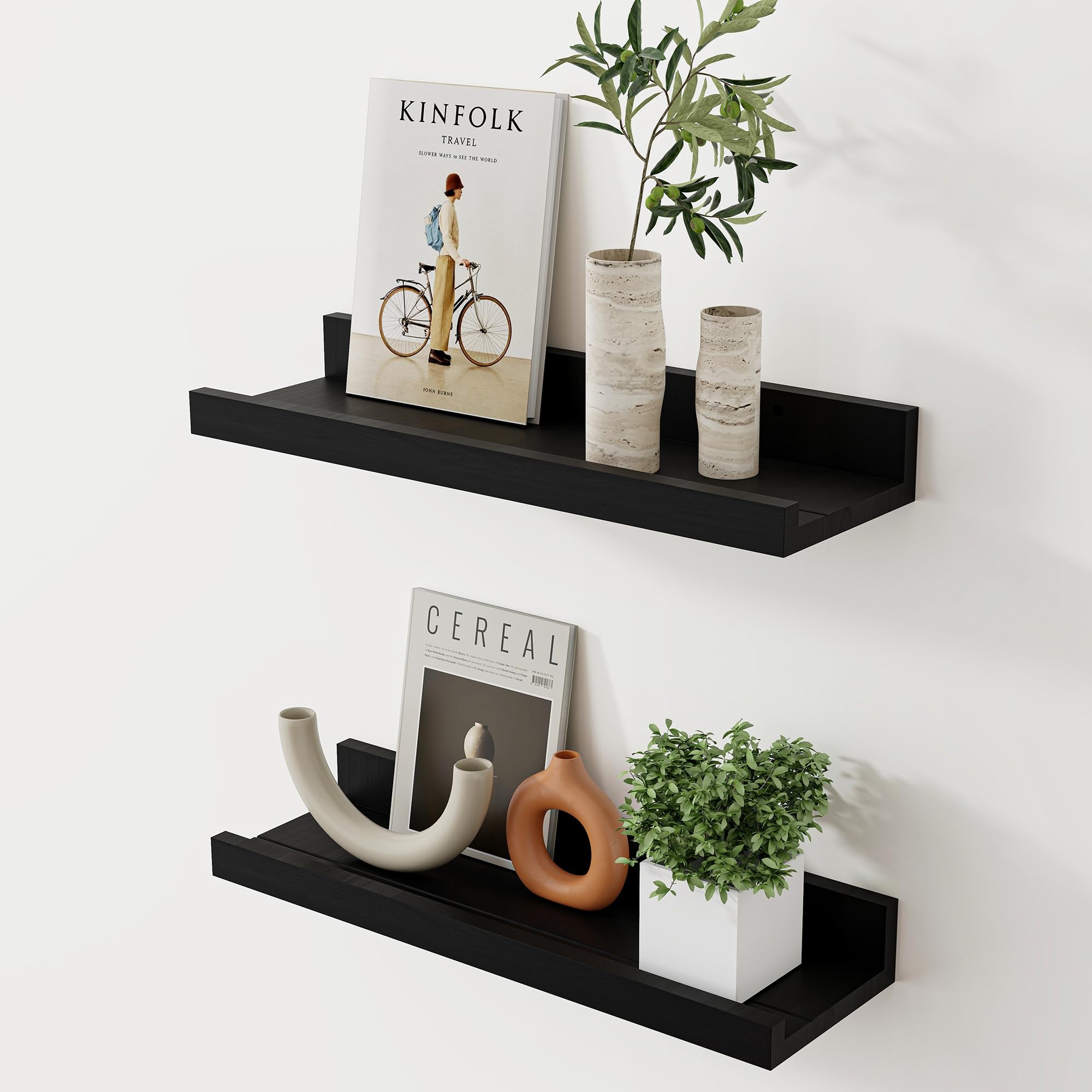 Acovy Floating Shelves for Wall, 16 inch Solid Wood Picture Ledge Shelf, Picture Shelf for Wall with Ledge, Floating Book Shelves for Living Room