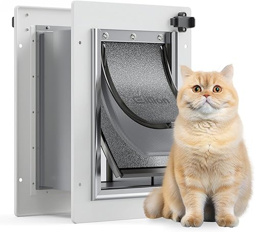 Puerta de gato para pared, puerta de perro para pared exterior, puerta pequeña de 3 solapas para paredes, marco totalmente metálico y túnel