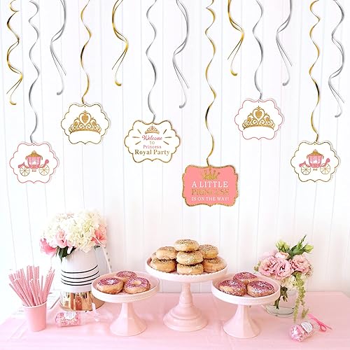 Miniatura 6 de LINGTEER A Little Princess Royal Crown Pink Swirls Streamers – 12 piezas de decoración de fiesta de cumpleaños de princesa para bebé, niña, regalo