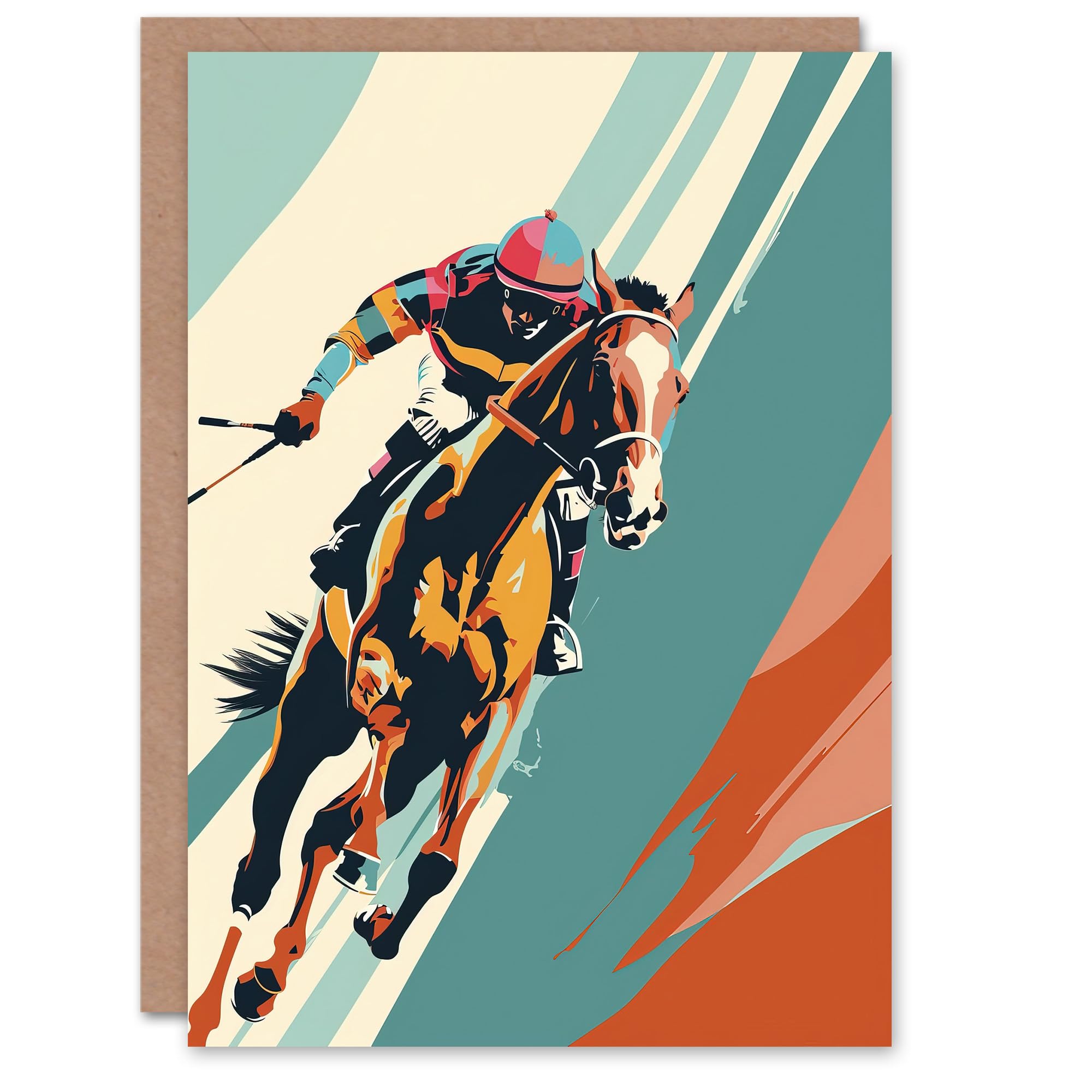 Artery8 Greeting Card Jockey on Racehorse Animal Race Colourful Pop Art Blank For All Him Or Her Art Birthday Card