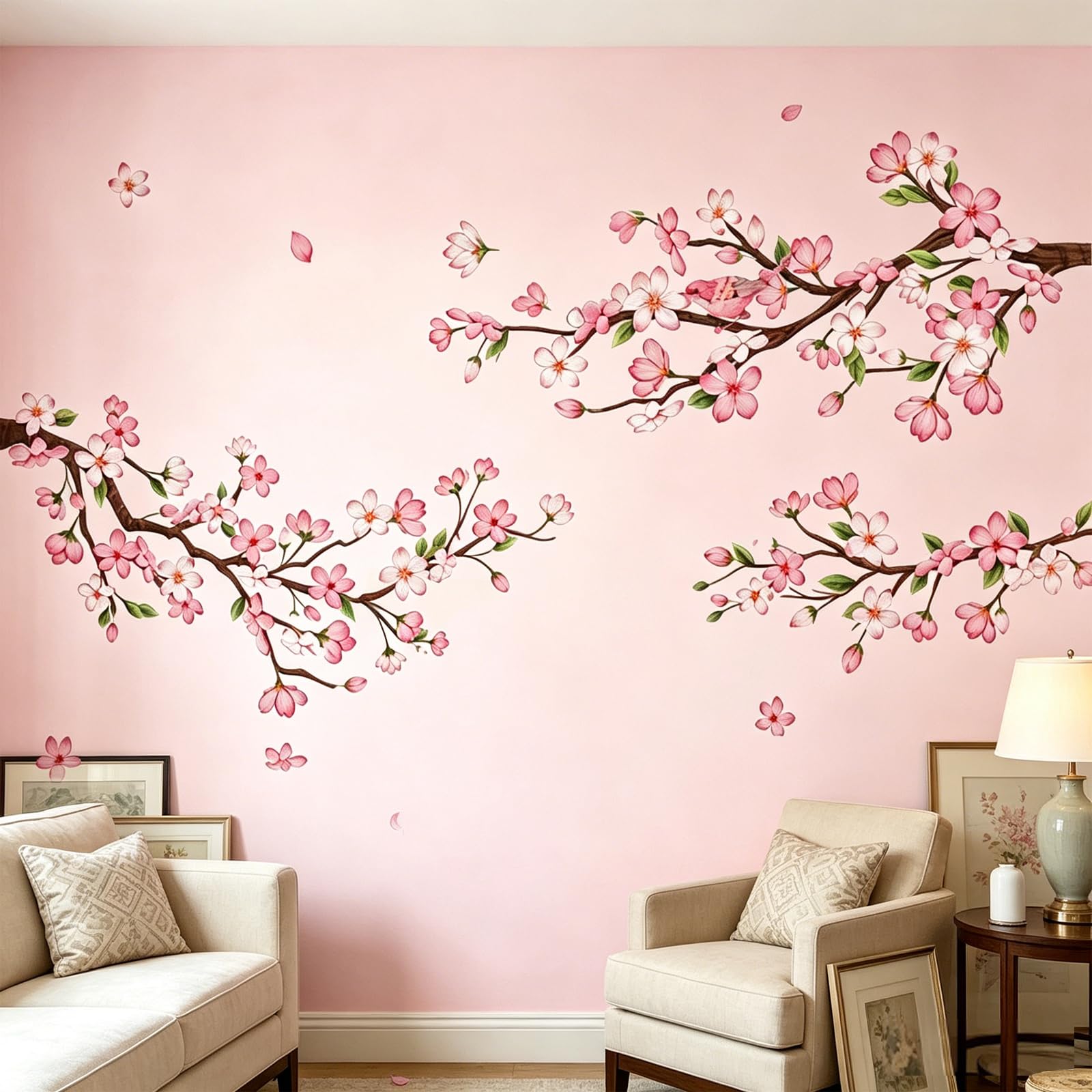 Large Floral Wall Stickers 2PCS - Cherry Blossom Wall Decals Peel and Stick, Removable Vinyl Wall Art for Living Room, Bedroom, Party Backdrop