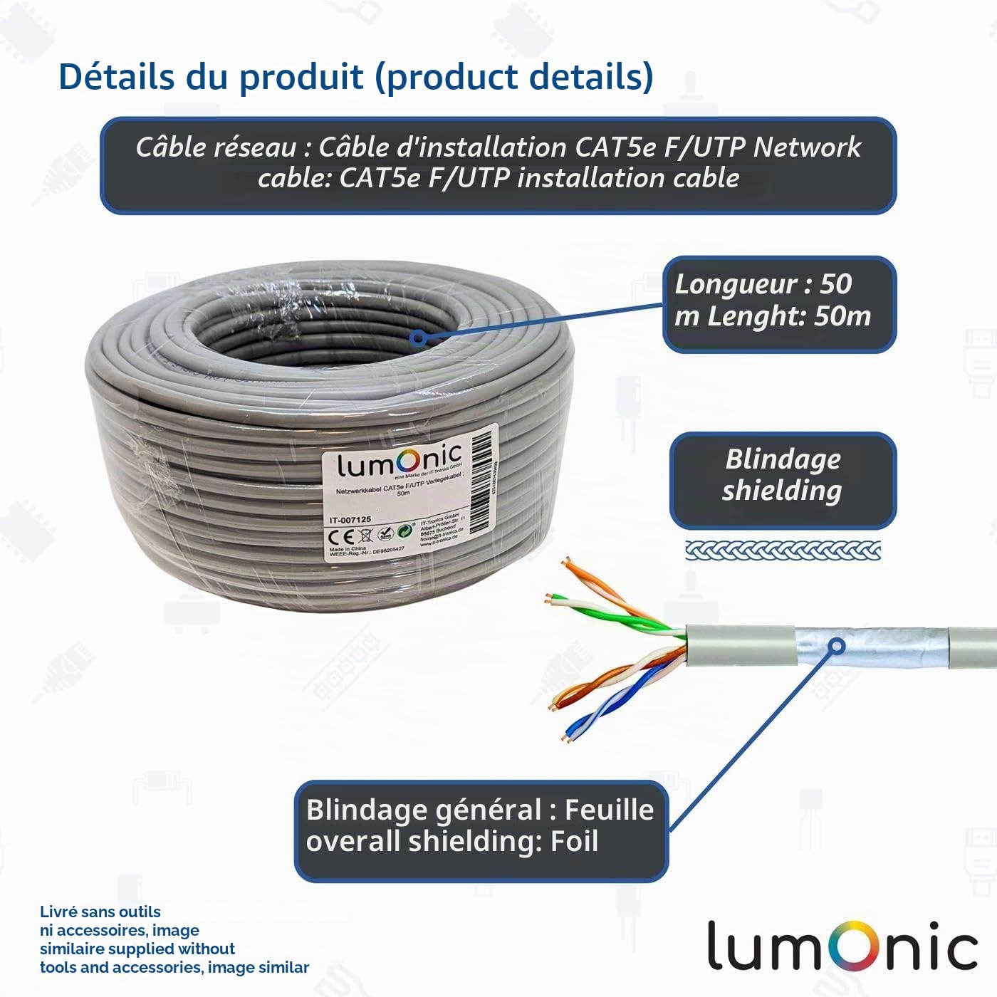 Lumonic 50m Câble de réseau CAT 5e F/UTP I CAT5e-câble, Gigabit Lan Câble, Ethernet Câble I Flexibles Verlegekabel geschirmt, pour l'intérieur jusqu'à 100 MHz