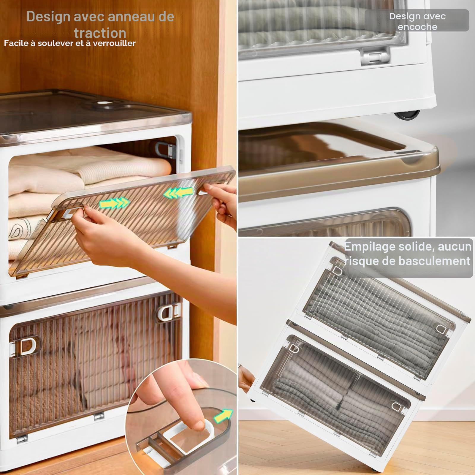 Creahaus Ensemble de 2 Boîtes de Rangement avec Couvercle, 28 Litres, Empilables avec Roues, Pliables 5 Portes, Organisateur de Jouets, Meuble de Rangement (Blanc)