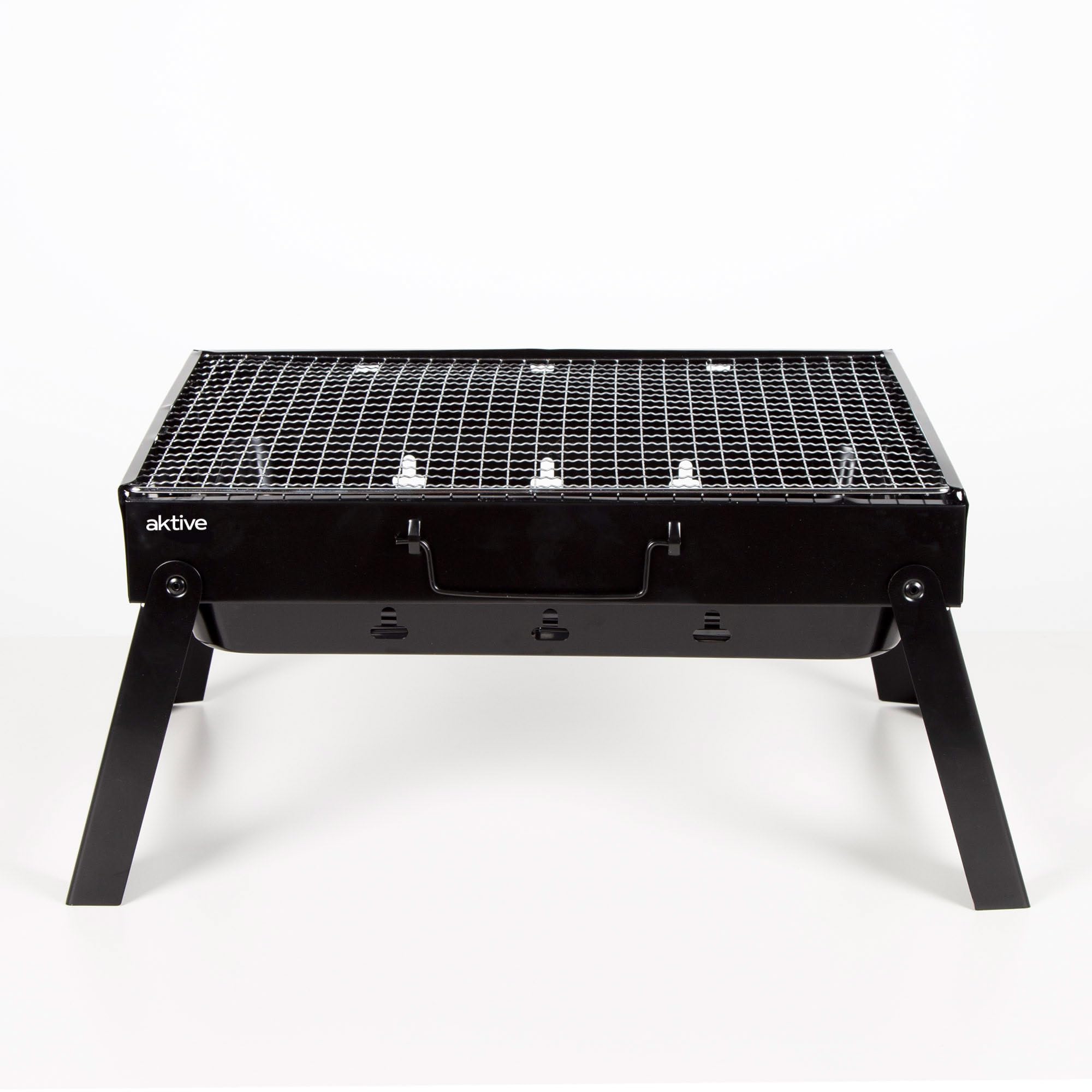 AKTIVE 63032, przenośny grill na węgiel drzewny, czarny, prostokątny, składany, wymiary 43 x 29 x 22 cm, z uchwytem, łatwy do przenoszenia, grill kempingowy, taras, balkon