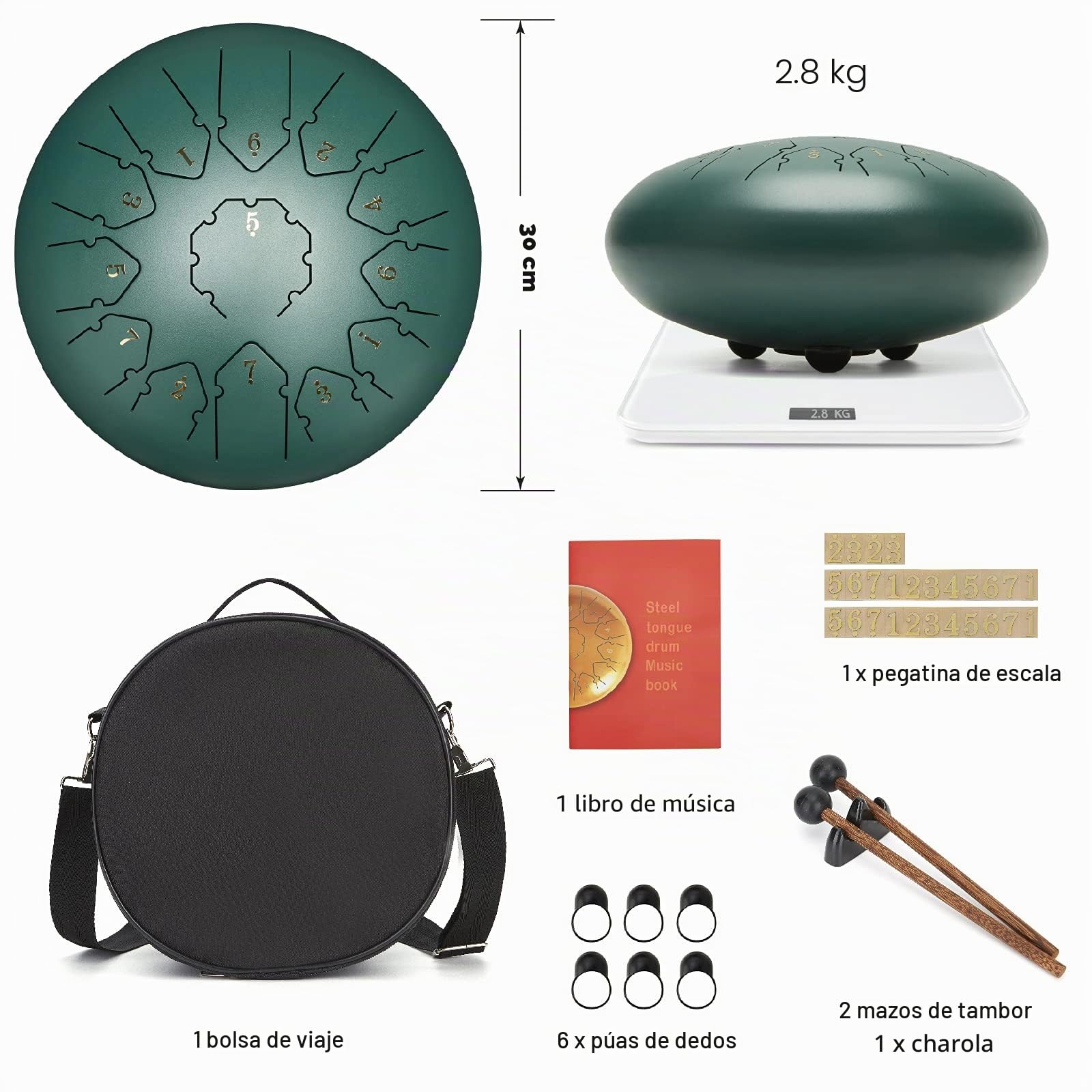 Tambor de Lengüetas,C Chiave 12 PulgadasTongue Drum,13 Notas Percusión Tambor de la Lengua con Bolsa de Viaje Acolchada, par de mazos,púas de Dedo