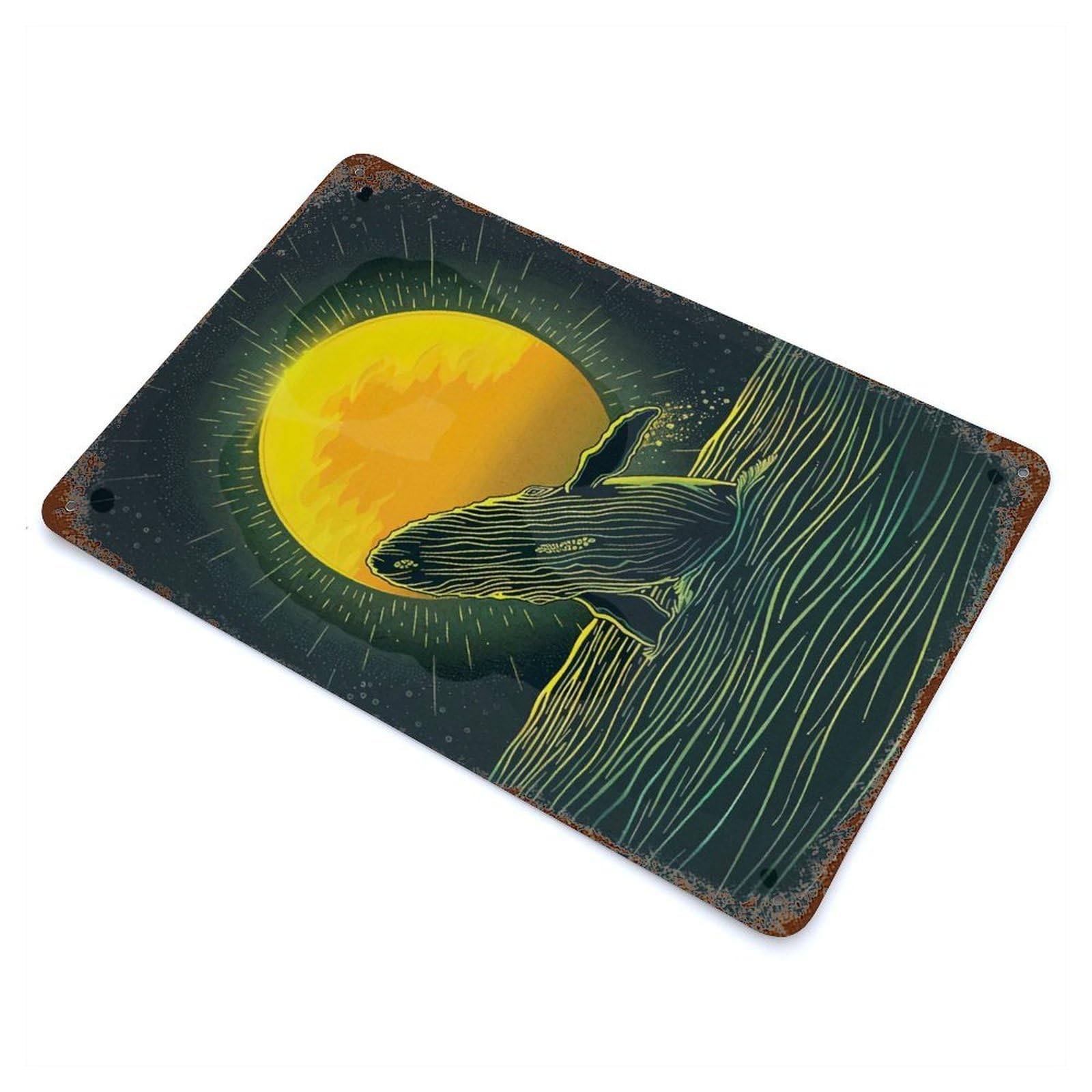 Vintage Metal Tin Sign with Whale Leaping Sunset Design 11.8"x7.9", for Living Room, Hallway And Home Decor, Retro Wall Decor