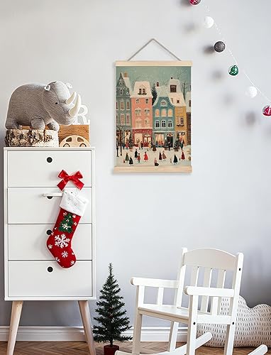 Miniatura 6 de GDJIEGBC Decoración de pared retro de ciudad navideña, bonita decoración de Navidad, pueblo de calle nevada, acogedor póster de vacaciones de