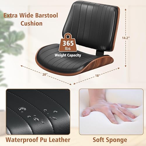 Miniatura 3 de Juego de 3 taburetes de bar modernos con respaldo de madera curvada y asiento de cuero, taburetes de bar para encimera de cocina, bar, negro