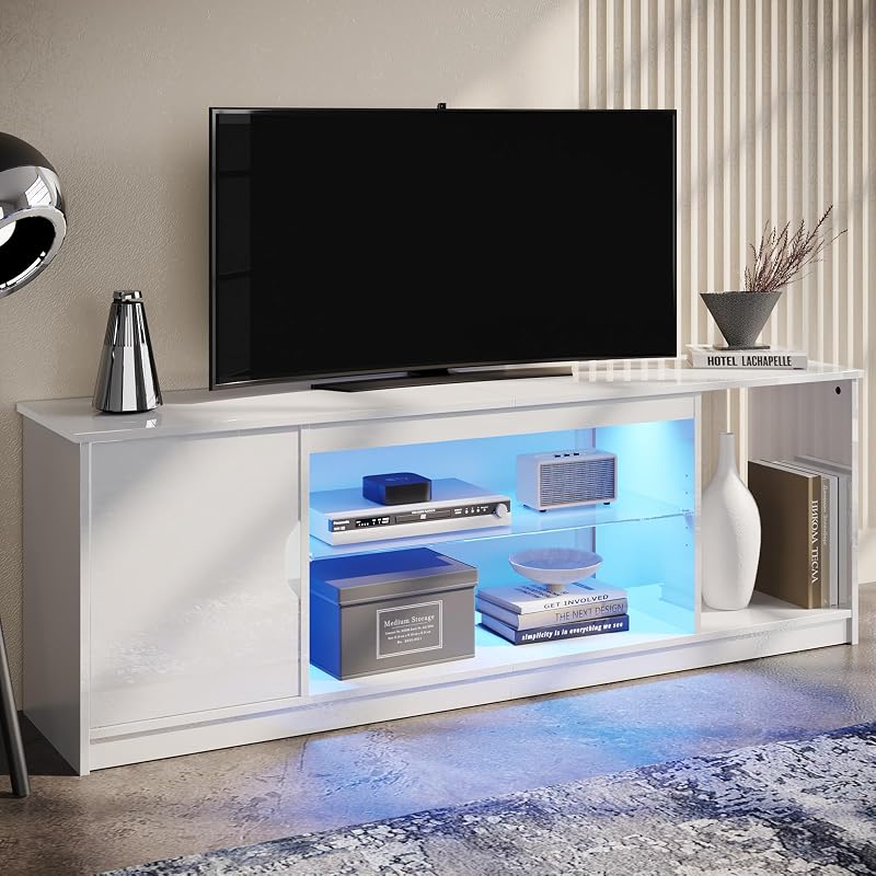 Bestier 57" Gloss White TV Stand for 65" TVs - Modern Gaming Console Unit with Glass Shelves, PS5/Xbox Cabinet, Adjustable Height Entertainment Center for Bedroom & Living Room image 3