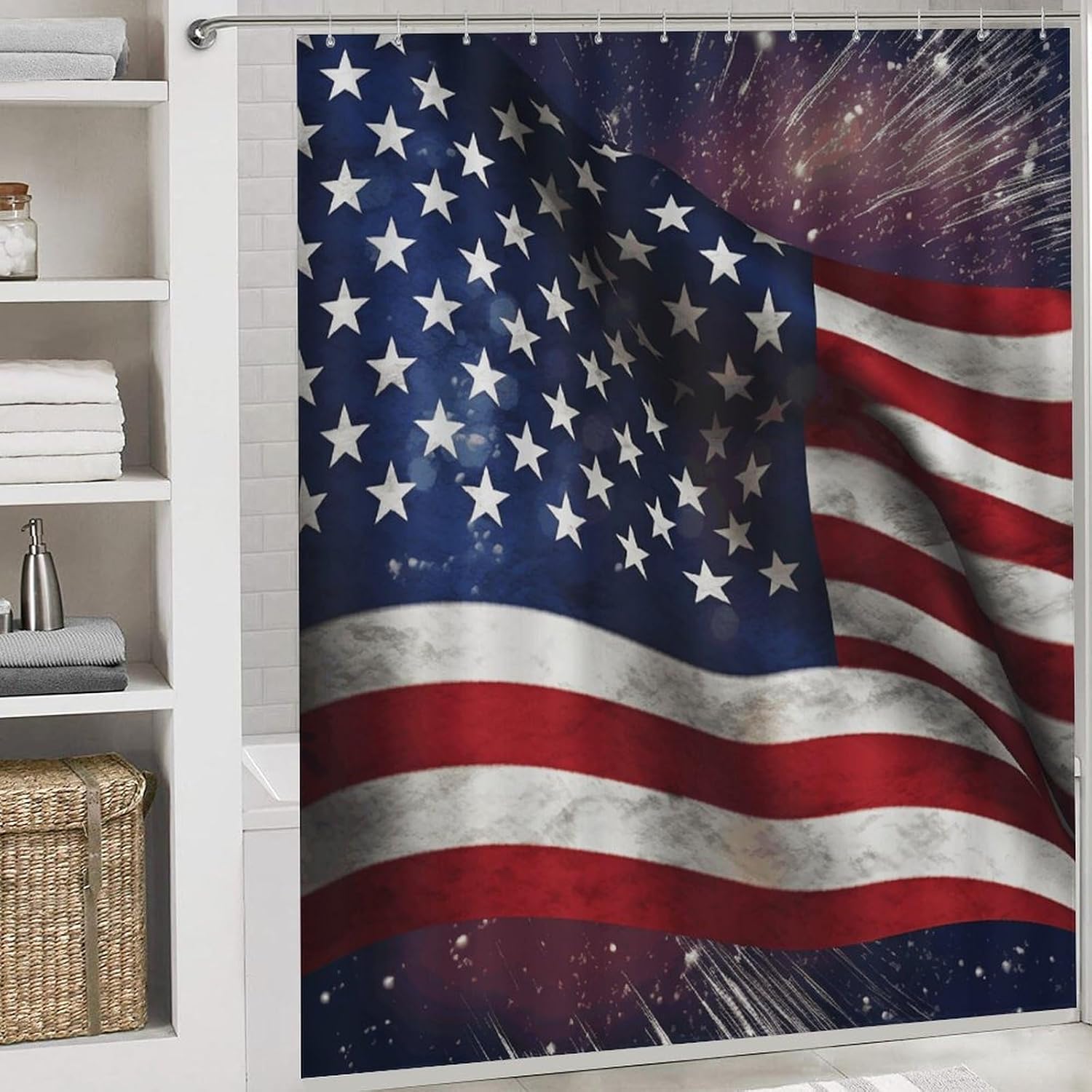 USA Flag Shower Curtain Set 4 Piece, Non-Slip Bath Mat with Toilet Lid Cover and Waterproof Shower Curtain with 12 Hooks, Complete Bathroom Set for Home Decor