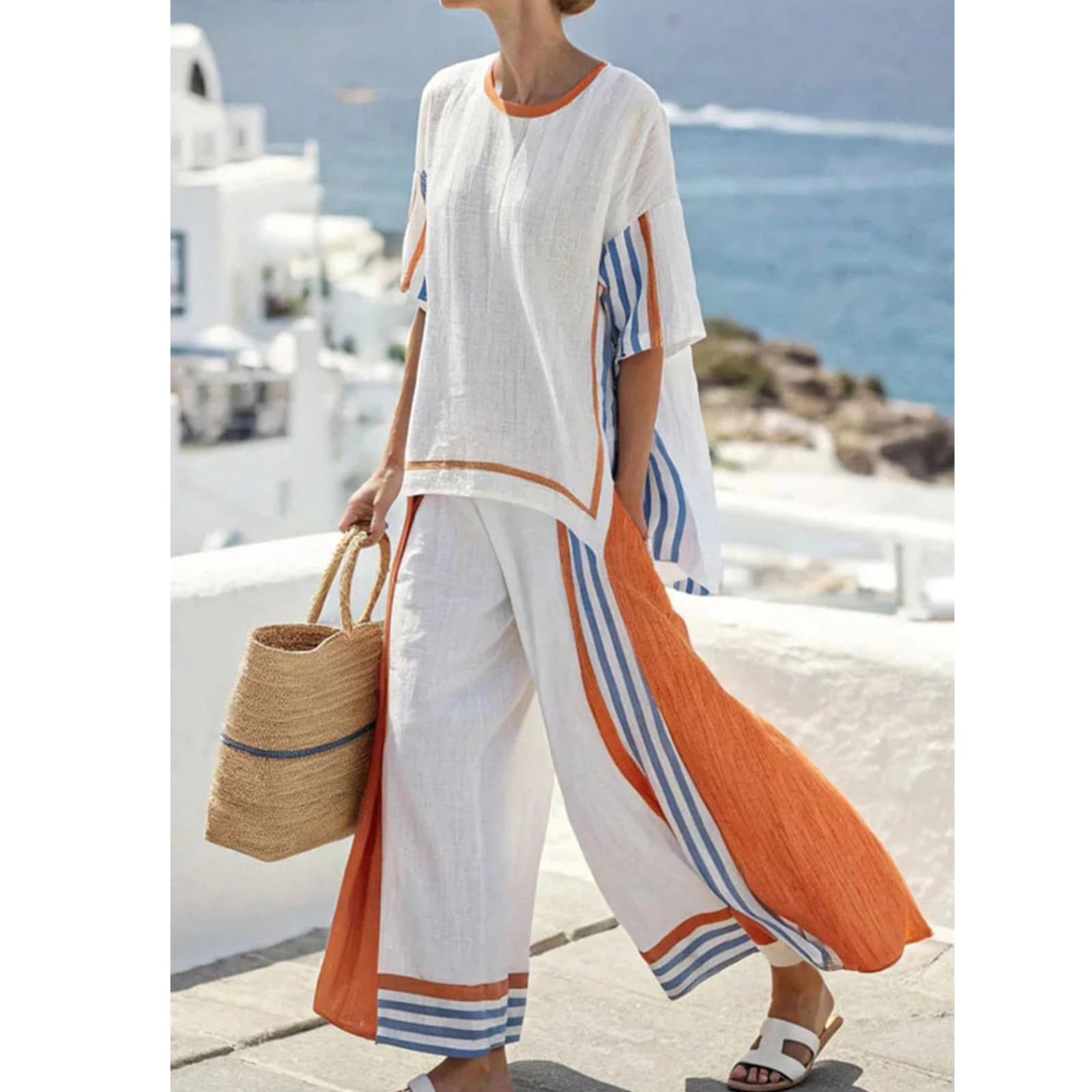 Generisch Set di 2 pezzi da donna in lino con strisce oversize, con camicia e pantaloni a mezza manica larga