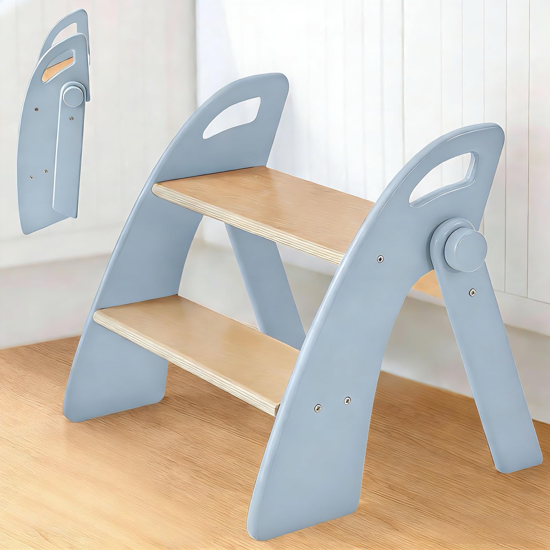 Taburete Niños Madera de 2 Peldaños Plegable, Capacidad de 130 kg con Alfombrilla Antideslizante y Asas, Escalon Infantil para Dormitorio, Cuarto de Caño, Cocina, Azul