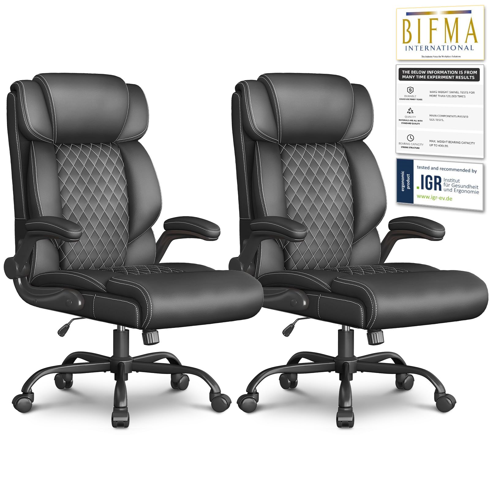 Office Chair-Executive High Back Breathable Big and Tall Office Chair Flip-up Armrests Lumbar Support-Ergonomic Leather Rolling Swivel Chair with Rock Function for Working Studying Gaming,2 Pack