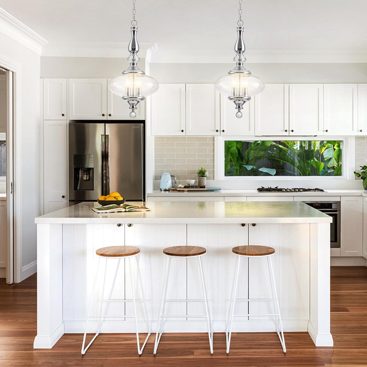 Polished Chrome Glass Pendant Light Modern Kitchen Island Pendant Light W 11.8 in. H 23.6 in.