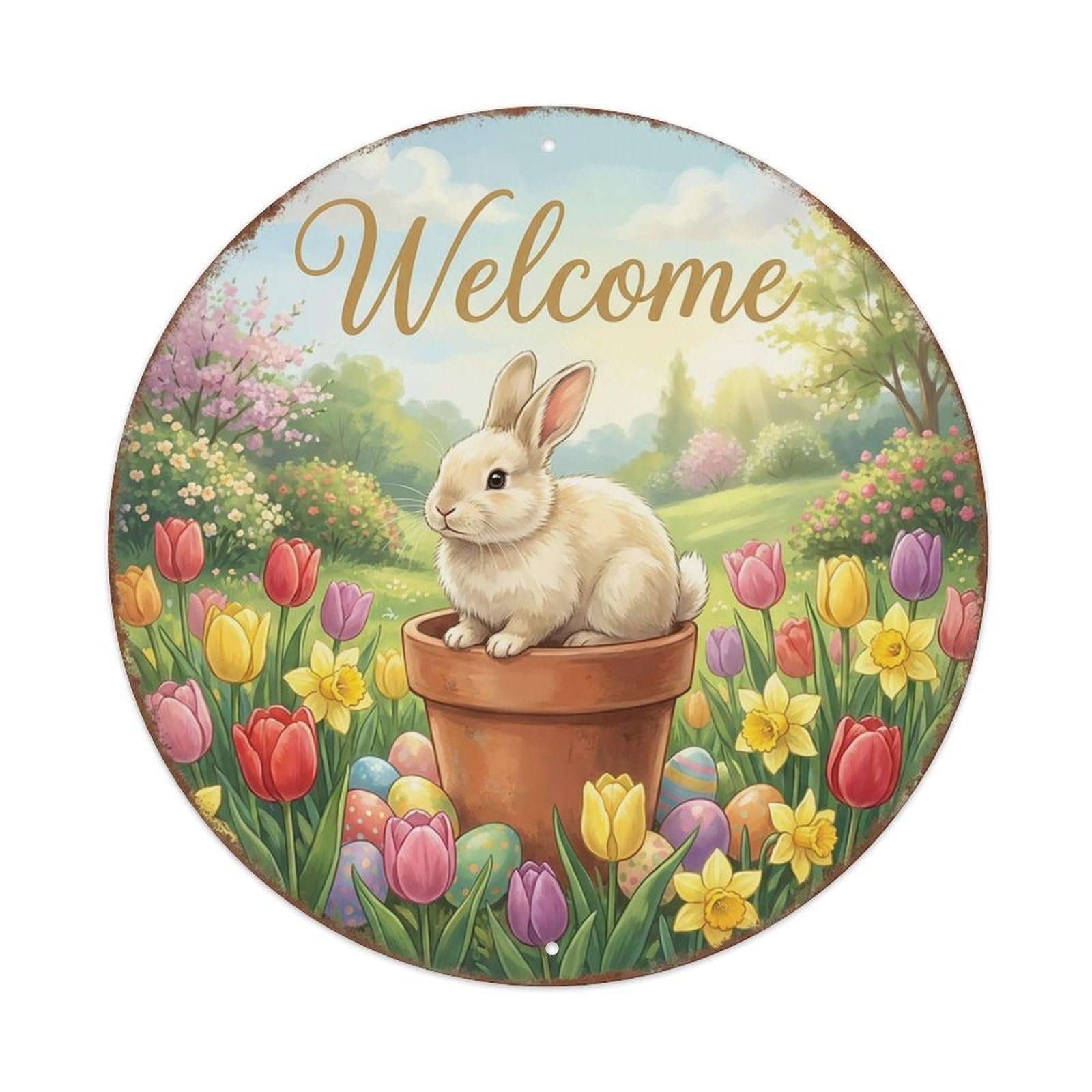 Welcome Bunny Easter Tulips Vintage Metal Tin Sign Plaque Wall Decor for Cafe, Club Bar, Office, Garden Metal Poster 8x8Inch