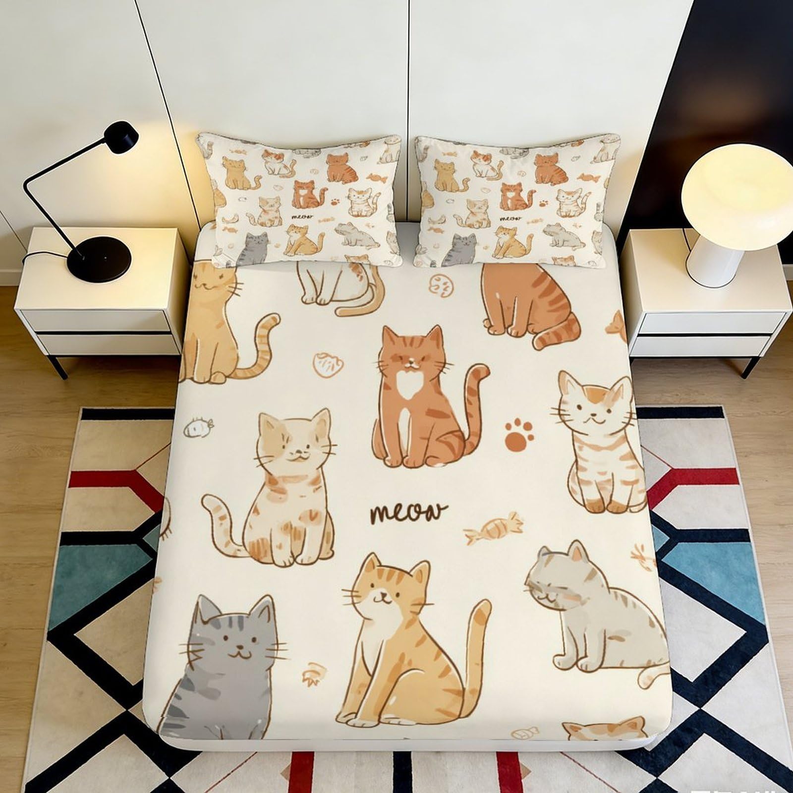 3D Printed Cartoon Cat Fitted Sheet Microfiber Anti-Slip Bed Sheet for Bedroom Dorm Apartment Mattress Protection Decor 90x200x25cm