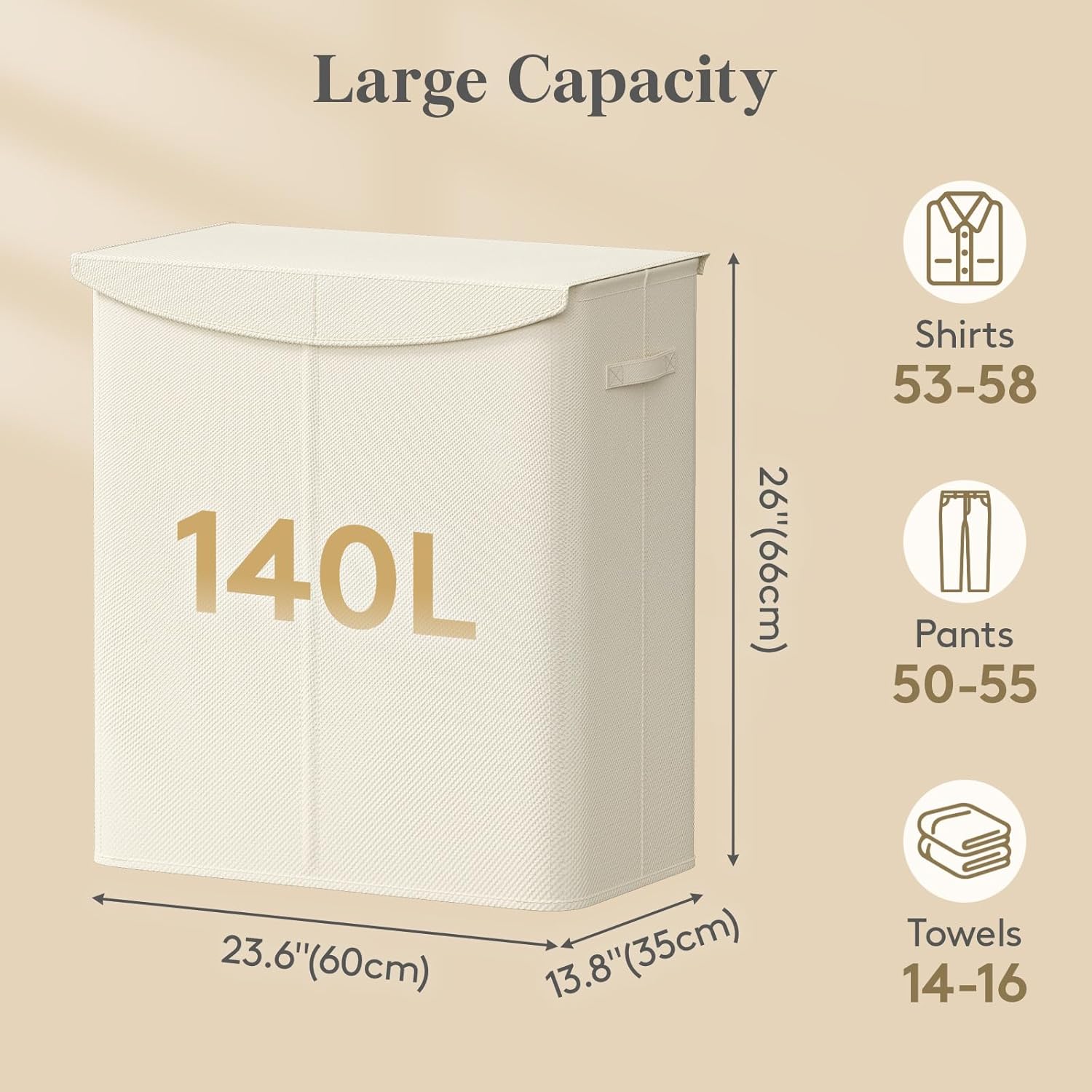 Lifewit 140L Big Separated Laundry Basket,Waterproof Laundry Hamper with Reinforced Carry Handle and Bag, Sturdy Hamper with Lid in Dorm College Bathroom 60 x 35 x 66 cm, White