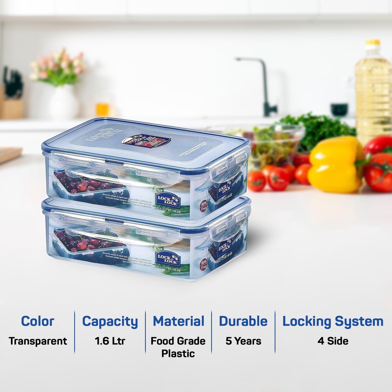 LOCK & LOCK Frischhaltedosen, rechteckig, luftdicht, auslaufsicher, transparent, BPA-frei, 1,6 l, 2 Stück