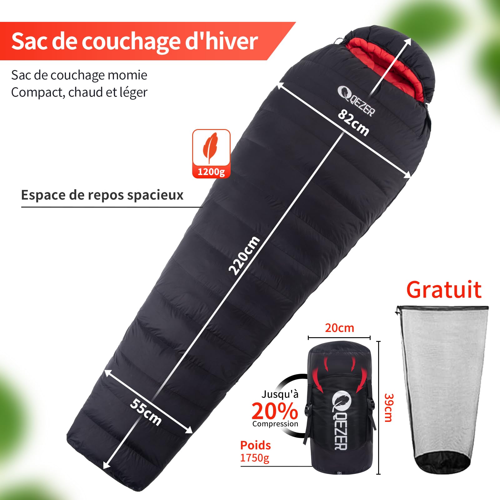 Sac de Couchage en Duvet pour Adultes,Sac Couchage Ultra léger, Ultra Compact,Utilisable en 4 Saisons,Grand Froid, Plus Chaud pour Le Camping et la randonnée Outdoor