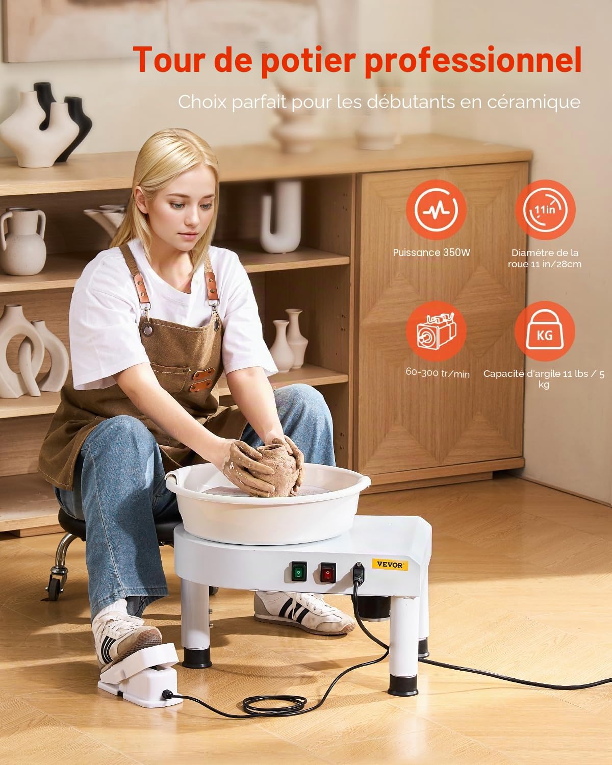 VEVOR Tour de Potier avec Plateau Tournant de 28 cm, Roue de Poterie Vitesse Réglable 60-300 tr/min, avec Pied de Levage Réglable et Bassin Amovible, pour Cours, Bricolage Artisanat Domicile, Blanc