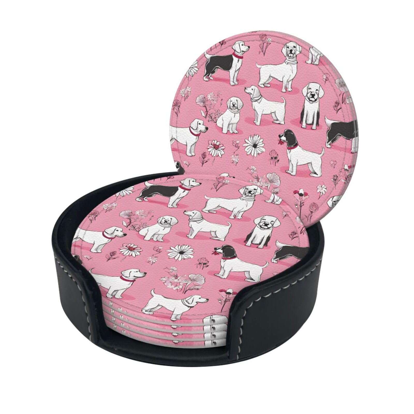 French Bulldog and Flower Print Coaster,Round Leather Coasters with Storage Box for Wine Mugs,Cold Drinks and Cups Tabletop Protection (6 Piece)