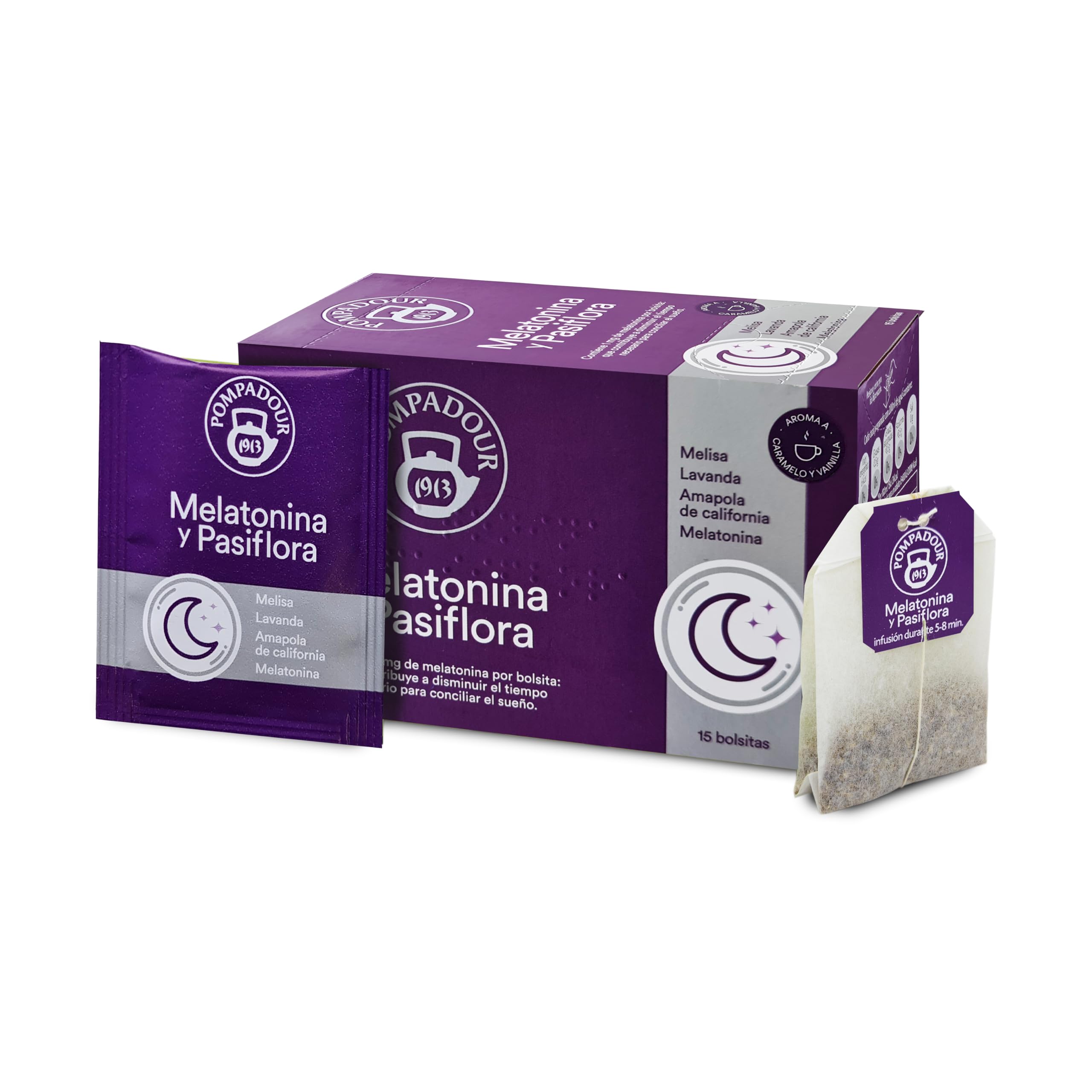 Pompadour | Melatonina y Pasiflora | Contribuye a Disminuir el Tiempo Necesario para Conciliar el Sueño | 1 Mg de Melatonina por Bolsita | 15 Bolsitas de 2 Gr