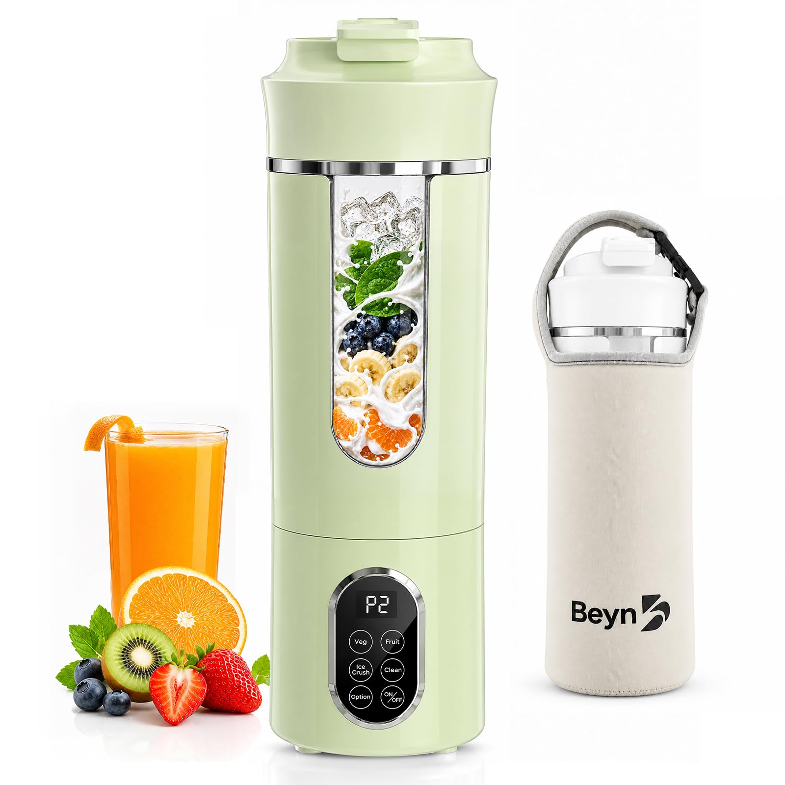Photo 1 of Beyn 530mL Portable Blender, Personal Smoothie Maker, USB-C Cordless, 12 Stainless Steel Blades, Leakproof Travel Cup, Digital One-Touch Self-Clean for Gym Home Office, Green