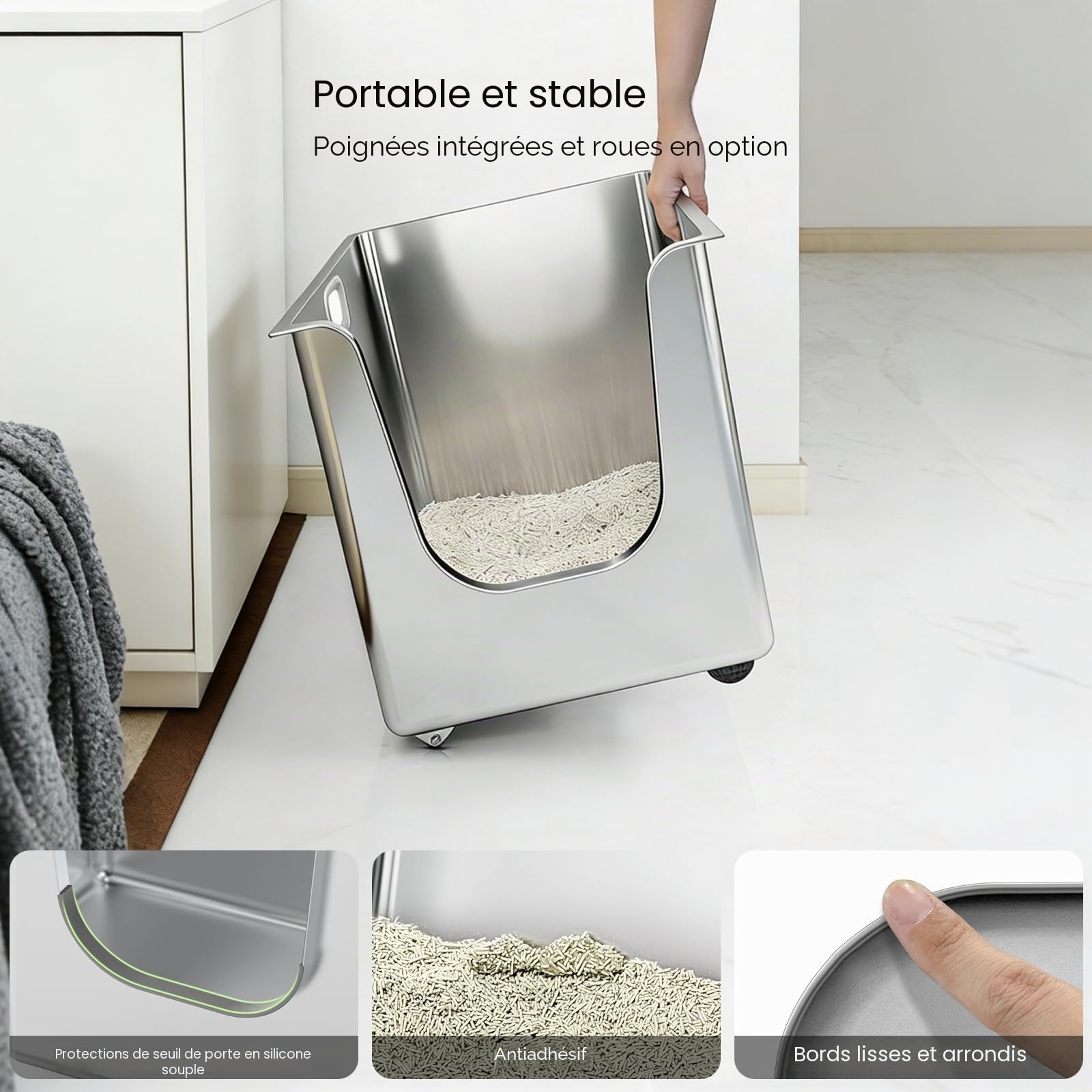 PTLOM Bac Litiere pour Chat en INOX Alimentaire Bac a Litiere pour Chat 35cm,Bac Litiere Chat Antirouille, étanche. Entrée Basse pour Chats âgés, roulettes Pratiques – Idéal pour foyers Multi-Chats.