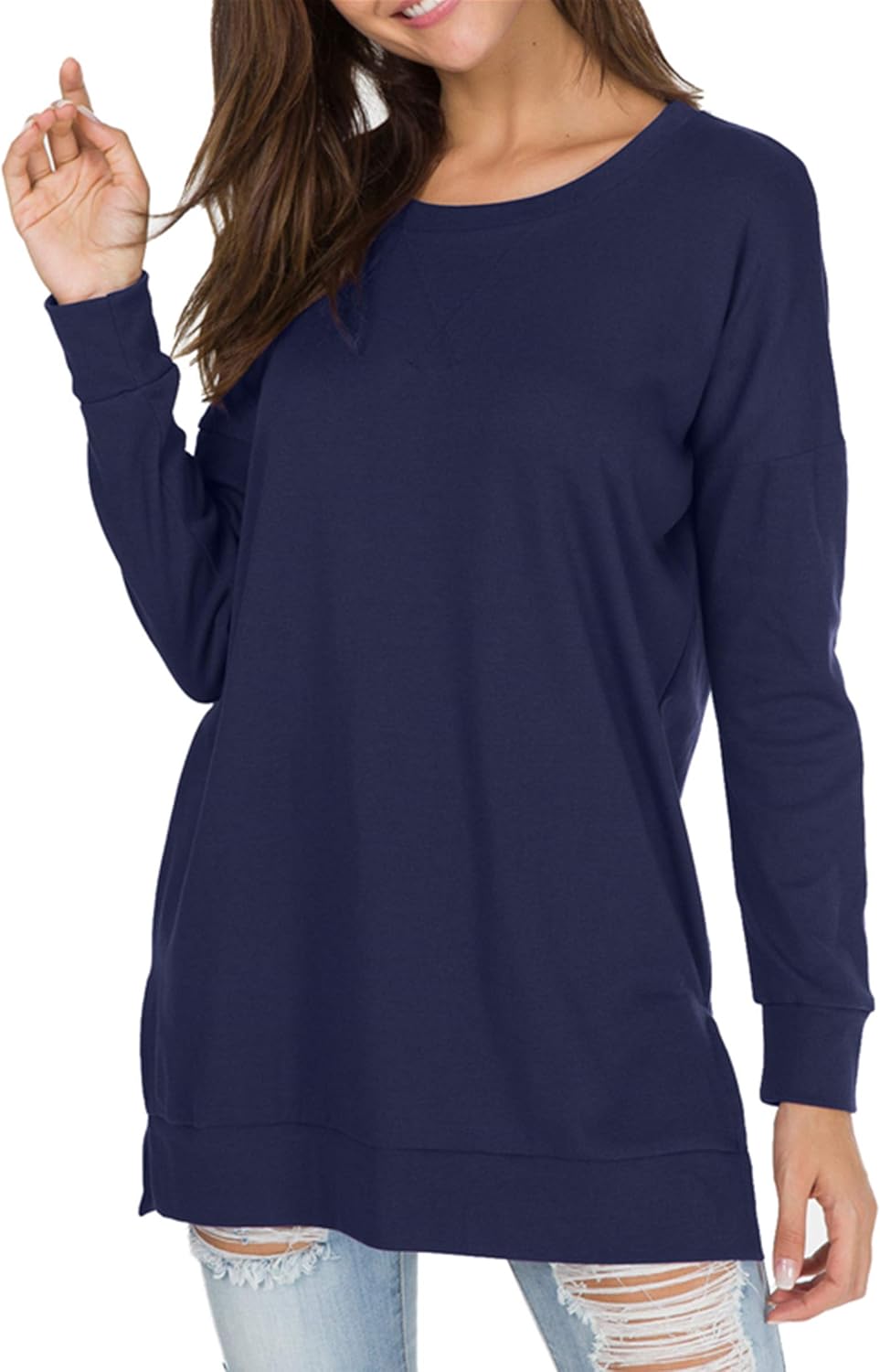 levaca Womens Fall Long Sleeve Pullover Side Oversizes Split Casual Loose Tunic Tops