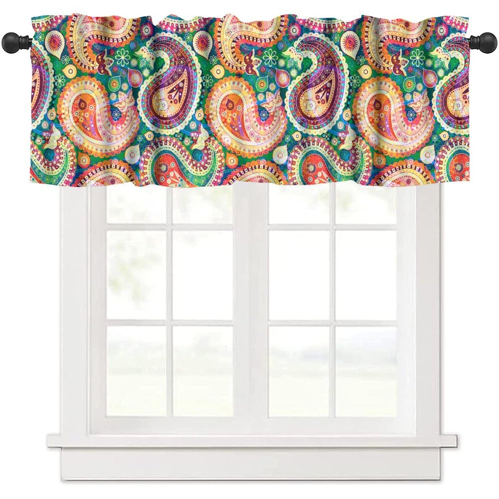 moderw Bright Paisley Floral Window Valance Curtains Vintage Asian Abstract Flower Spring Summer Seasonal Window Treatments Curtain Valance for Farmhouse Kitchen Bedroom Living Room 54x18inch