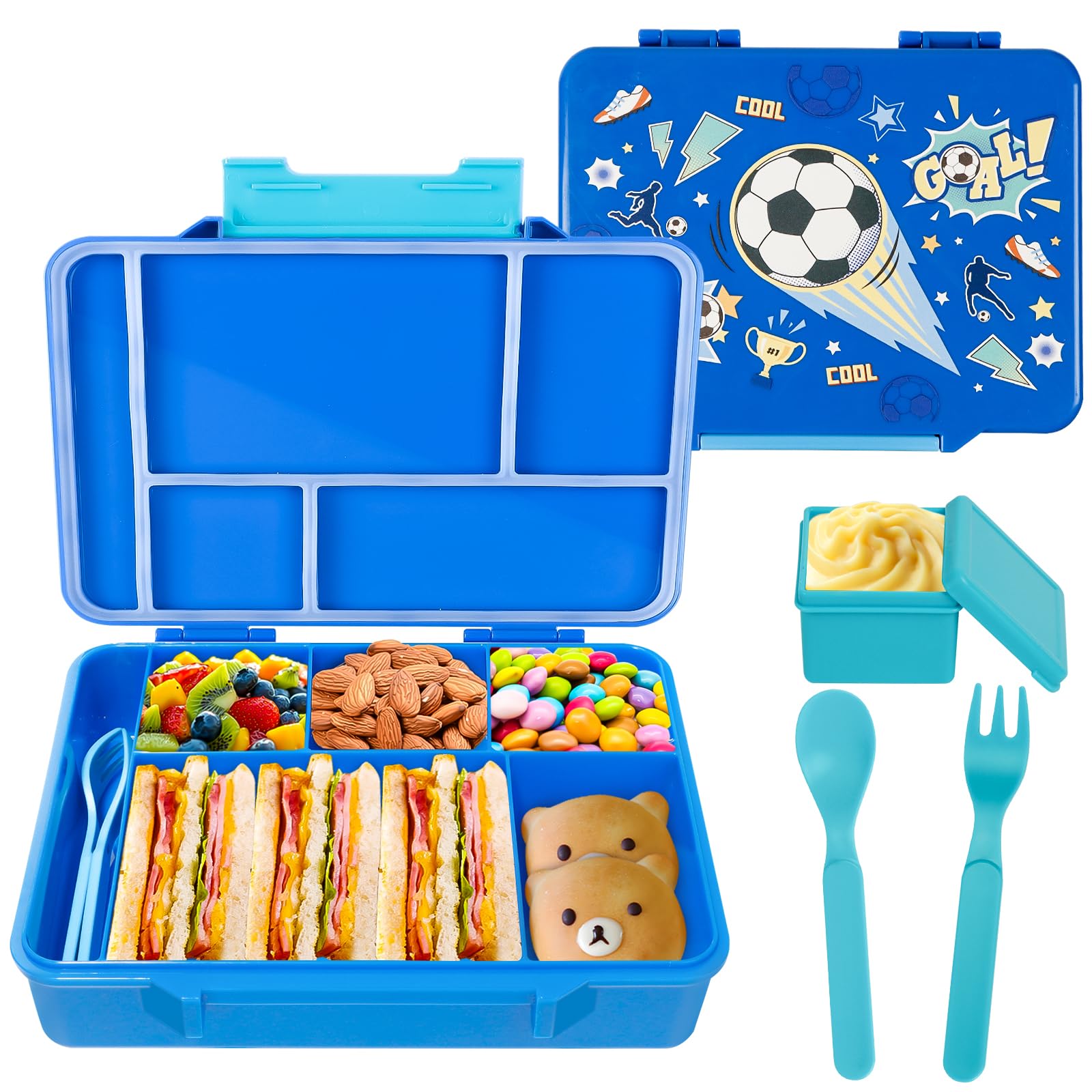 PinkSheep Fiambrera para niños de 1330 ml, contenedores de comida para niños sin BPA, a prueba de fugas con 5 compartimentos, volver a los escolares Daycare Fiambreras/Snack Contenedor (fútbol)