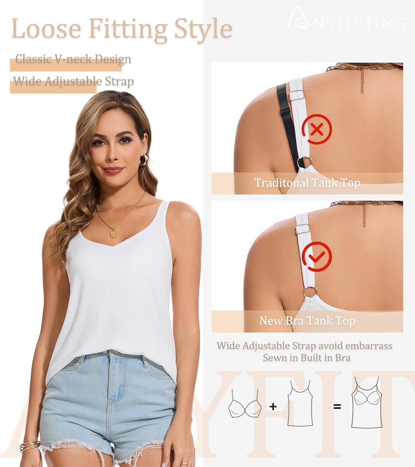 ANYFITTING V Neck Tank Top with Built in Bras Wide Strap Loose Fitting Flowy Summer Sleeveless Shirt - Image 4