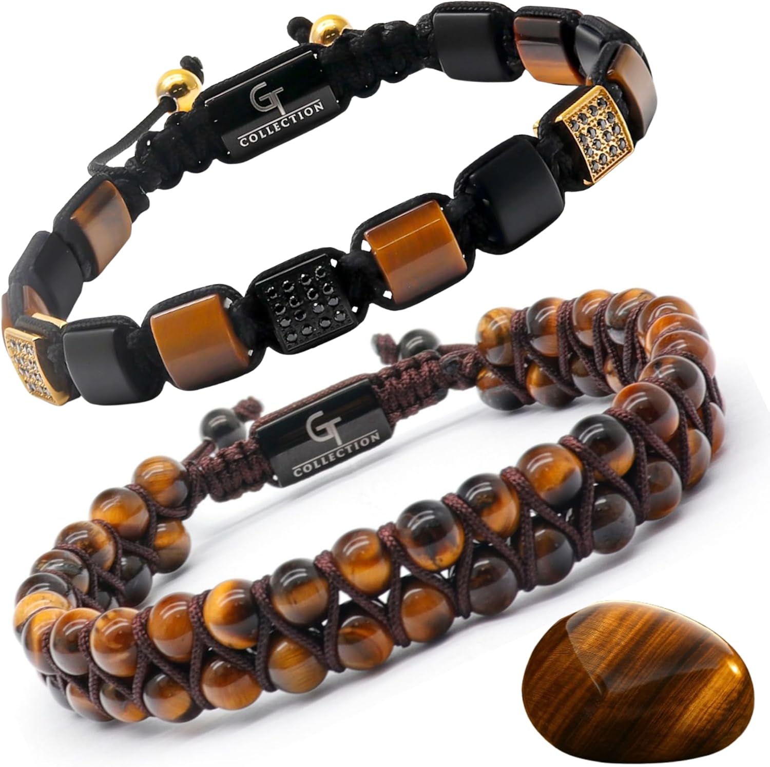 GT collection 2 PIECE SET - Men's Beaded Bracelet And Flatbead Bracelet | Gift for Men | One Size Fits All | Used for Its Grounding Effects | 100% Natural | Adjustable Bracelet for Men with Gemstones